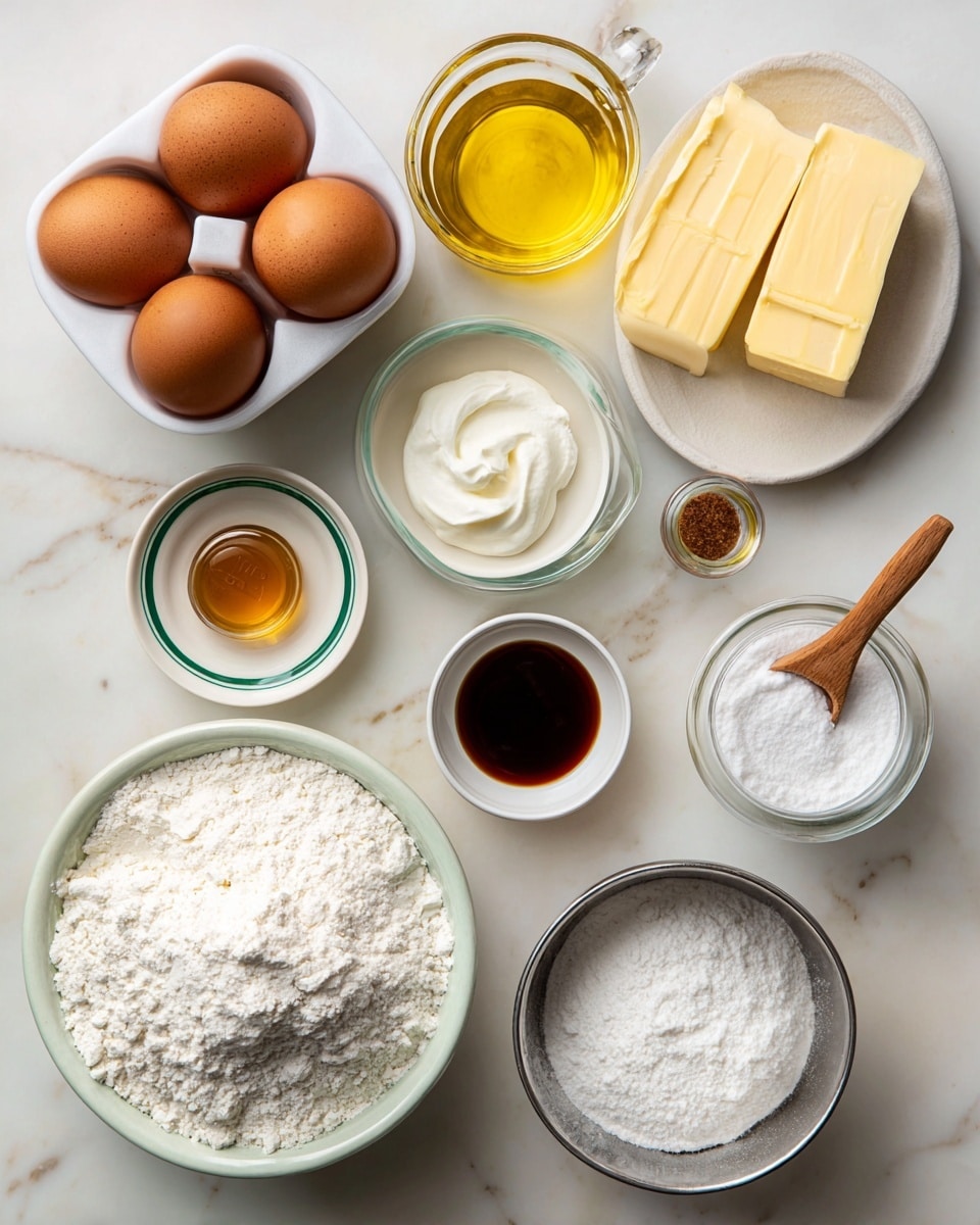 The image shows several baking ingredients placed on a white marbled surface. At the top left, there are 2 large brown eggs in a white container. Below the eggs, two light yellow sticks of butter rest on a white plate. To the right of the butter, a clear measuring cup holds 1 cup of yellow oil. Beside the oil, a glass jar of white sugar has a small wooden scoop inside. Nearby, a small clear bowl contains 2 teaspoons of dark brown vanilla extract. Below that, a small white plate with green rim holds 1 teaspoon of white baking soda. Next to it, a small white bowl has 1 teaspoon of white cream of tartar with a wooden spoon. At the bottom right, a metal cup filled with 1 cup of white powdered sugar is visible. Lastly, on the bottom left, there is a large bowl full of 4 1/2 cups of white flour. All ingredients are laid out neatly and clearly labeled. Photo taken with an iphone --ar 4:5 --v 7