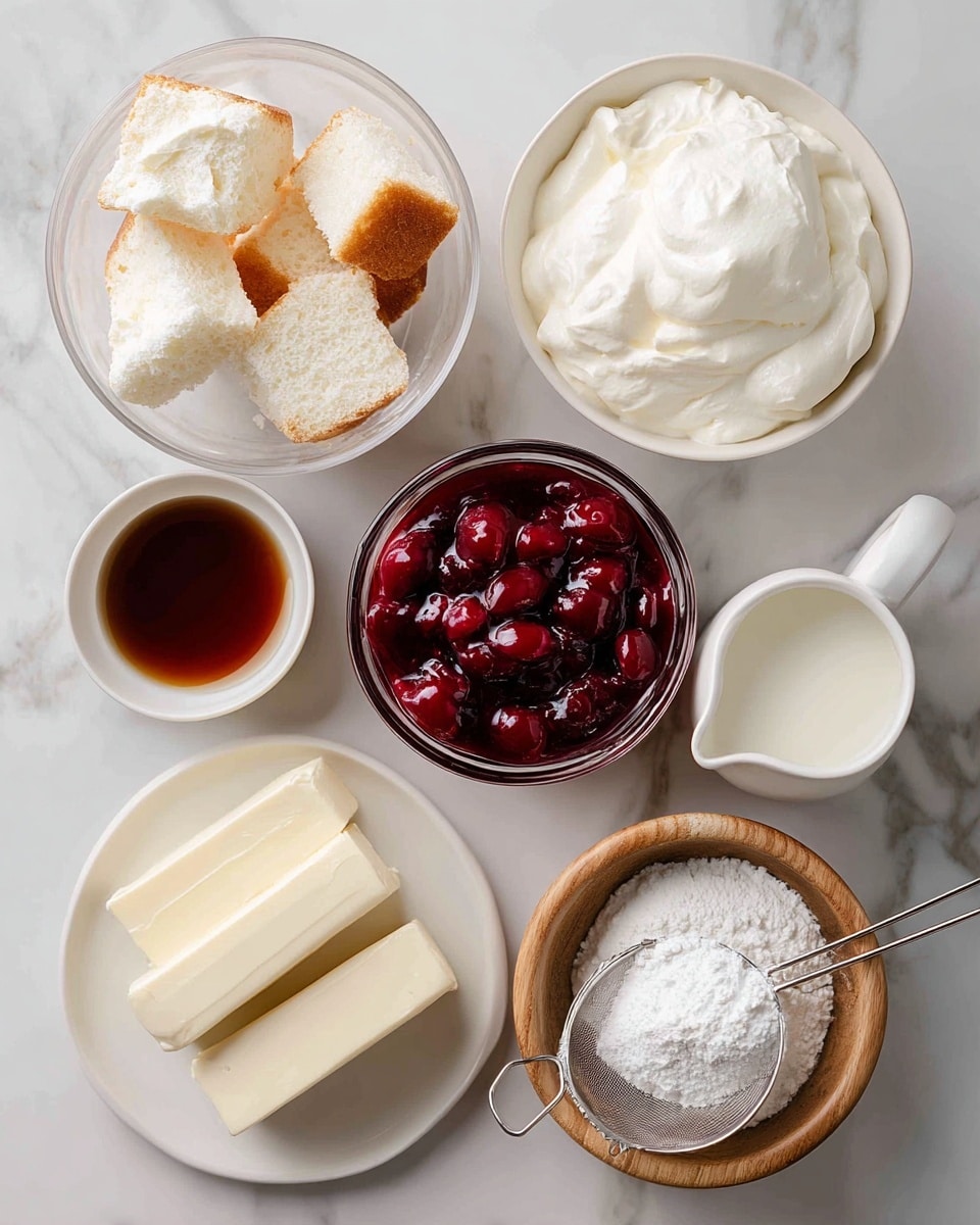 The image shows six ingredients on a white marbled surface. At the top left, a clear bowl holds torn pieces of white and light brown angel food cake with a soft, spongy texture. To the right, a white bowl is filled with smooth, fluffy white whipped topping. Below that, a clear bowl contains shiny, deep red cherry pie filling with whole cherries in syrup. At the bottom left, a white plate holds two thick, white blocks of cream cheese with a smooth surface. Next to it, a small white cup with light brown vanilla extract. Below, a wooden bowl filled with powdered sugar, white and fluffy with a metal sifter resting on top. Near the cherry filling, a small white pitcher of milk with a smooth surface completes the arrangement. Photo taken with an iphone --ar 4:5 --v 7