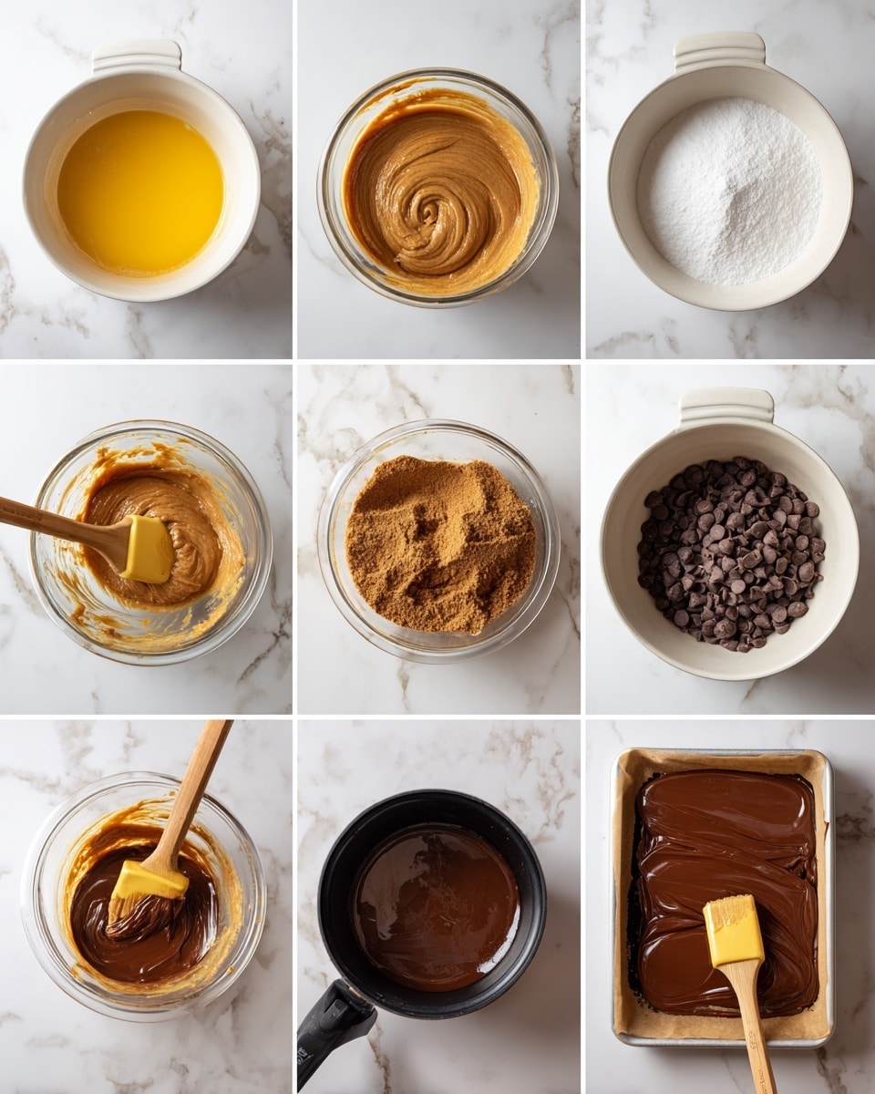 The image shows a nine-step process for making a dessert. The first layer is melted yellow butter in a white bowl placed on a white marbled surface. The second layer adds smooth light brown peanut butter to the butter in a transparent bowl. The third layer adds white powdered sugar to a bowl with a thick caramel layer beneath. The fourth frame shows ground brown crumbs inside a clear blender. The fifth step mixes the ingredients into a thick light brown dough in a clear bowl with a wooden spoon. The sixth layer shows dark brown chocolate chips and some peanut butter in a black pot. The seventh step shows the mixture melting, stirred with a yellow spatula in the pot. The eighth layer shows the melted chocolate spread smoothly in a white tray lined with parchment paper. The final step shows the smooth chocolate thickly spread in the tray, ready to set, photo taken with an iphone --ar 4:5 --v 7