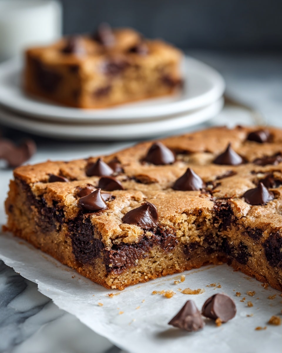 The image shows a close-up of a thick, square-shaped cookie cake on white parchment paper, with a portion removed from the front right side. The cookie cake has a warm golden-brown top layer sprinkled with several large, shiny dark chocolate chips that add texture and shine. The removed slice reveals a moist inside filled with melted dark chocolate chips mixed evenly throughout the cake, creating a rich, almost fudgy middle layer contrasted by the slightly crisp outer edges. In the background, a single square piece of the cookie cake sits on a white plate, placed on a white marbled surface with a blurred dark background. The focus is mainly on the cookie cake's front close-up with sharp detail of the texture and chocolate chips on top, photo taken with an iphone --ar 4:5 --v 7