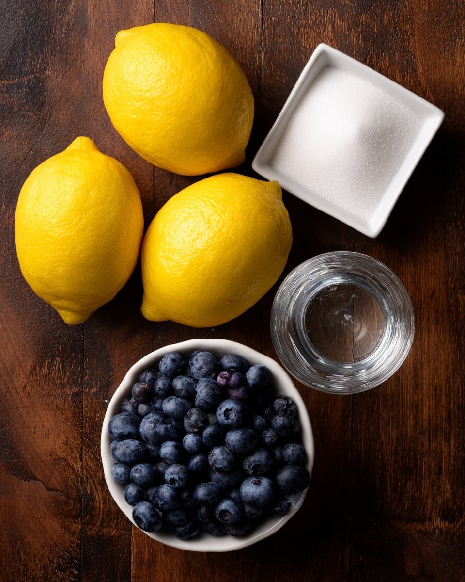 The image shows four bright yellow lemons grouped together on the left side, with their smooth, slightly textured skin clearly visible. To the right of the lemons, there is a small white square dish filled with fine white sugar, showing a smooth surface. Below the lemons and sugar, there is a clear glass with water reflecting light, creating subtle ripples on the surface. On the bottom right, there is a white bowl filled with fresh, plump blueberries in dark blue and purple shades, some with a natural shine. All items are placed on a dark brown wooden surface which is changed to a white marbled texture in the description. photo taken with an iphone --ar 4:5 --v 7