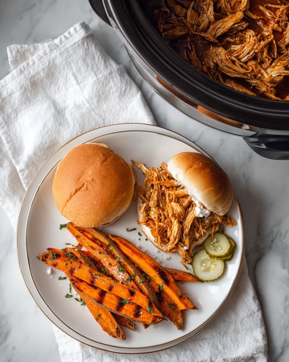 The image shows a white plate with a thin gold rim holding two small sandwiches and a serving of grilled sweet potato fries. One sandwich is whole with a soft golden brown bun top, and the other is open-faced, revealing shredded orange-brown chicken with a white sauce and a pickle slice on the side. The grilled sweet potato fries are orange with grill marks, garnished with bits of green herbs and a light sprinkling of salt or seasoning. The plate sits on a white marbled surface next to a white cloth napkin. Above the plate is part of a slow cooker filled with more shredded chicken in a dark brown sauce. Photo taken with an iphone --ar 4:5 --v 7