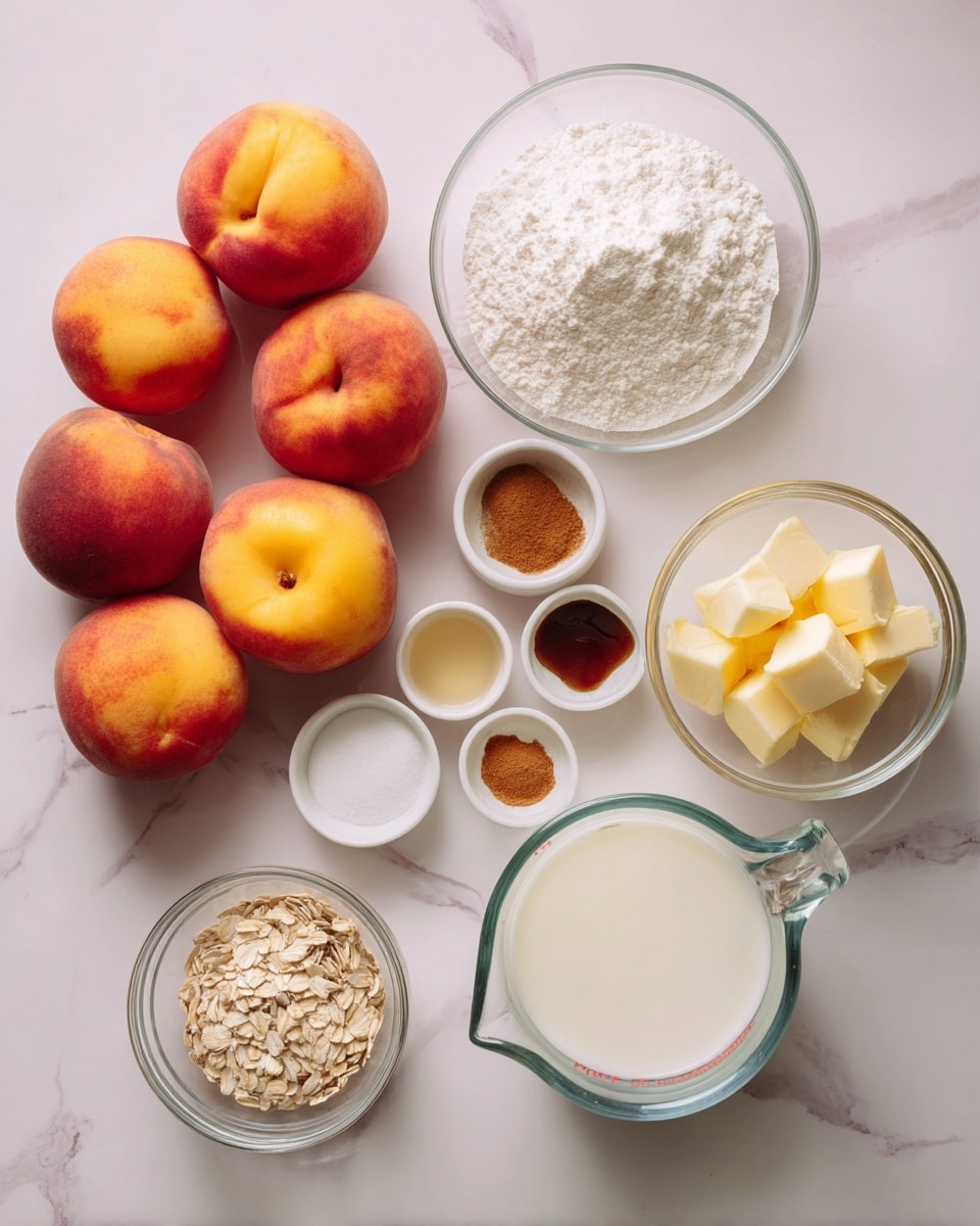 The image shows fresh peaches grouped on the left side, bright yellow and reddish in color with soft texture. To the right, there are clear glass bowls and a measuring cup containing white flour, white sugar, white powdered baking powder, white powdered cornstarch, a small amount of pink salt, brown cinnamon powder, a dark liquid vanilla, pale yellow almond bakery emulsion, clear water, light yellow lemon juice, white oats, white powdered confectioners' sugar, white heavy cream in a clear glass measuring cup, and cubed pale yellow butter in a clear bowl. All items are placed on a white marbled surface, and the photo has labels in pink boxes with white text naming each ingredient. The photo taken with an iphone --ar 4:5 --v 7