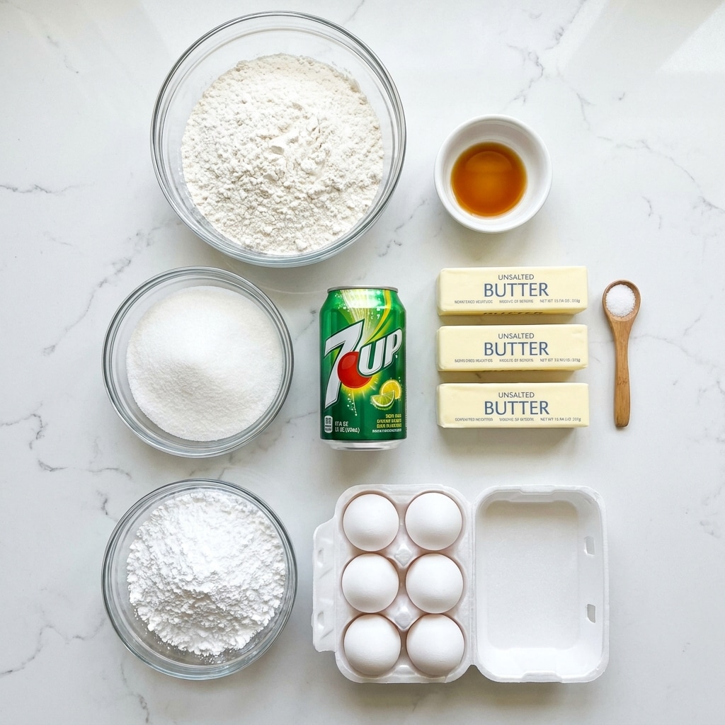 A top-down view of various baking ingredients arranged neatly on a white marbled surface. At the top center is a large clear glass bowl filled with white all-purpose flour, its texture slightly powdery and smooth. To the right of the flour is a small white bowl containing amber-colored vanilla extract. Below the flour is another clear glass bowl filled with white granulated sugar, showing a fine grain texture. Adjacent to the sugar is a bright green can of 7UP soda with colorful branding. To the right of the can are three sticks of pale yellow unsalted butter, stacked vertically. Below the sugar is a clear glass bowl filled with white confectioners sugar, appearing very fine and powdery. To the right of the confectioners sugar is a white carton holding six white eggs. A small wooden spoon filled with fine white salt is positioned near the butter sticks. All items are spaced evenly on the white marbled background, creating a clean and organized display photo taken with an iphone --ar 4:5 --v 7