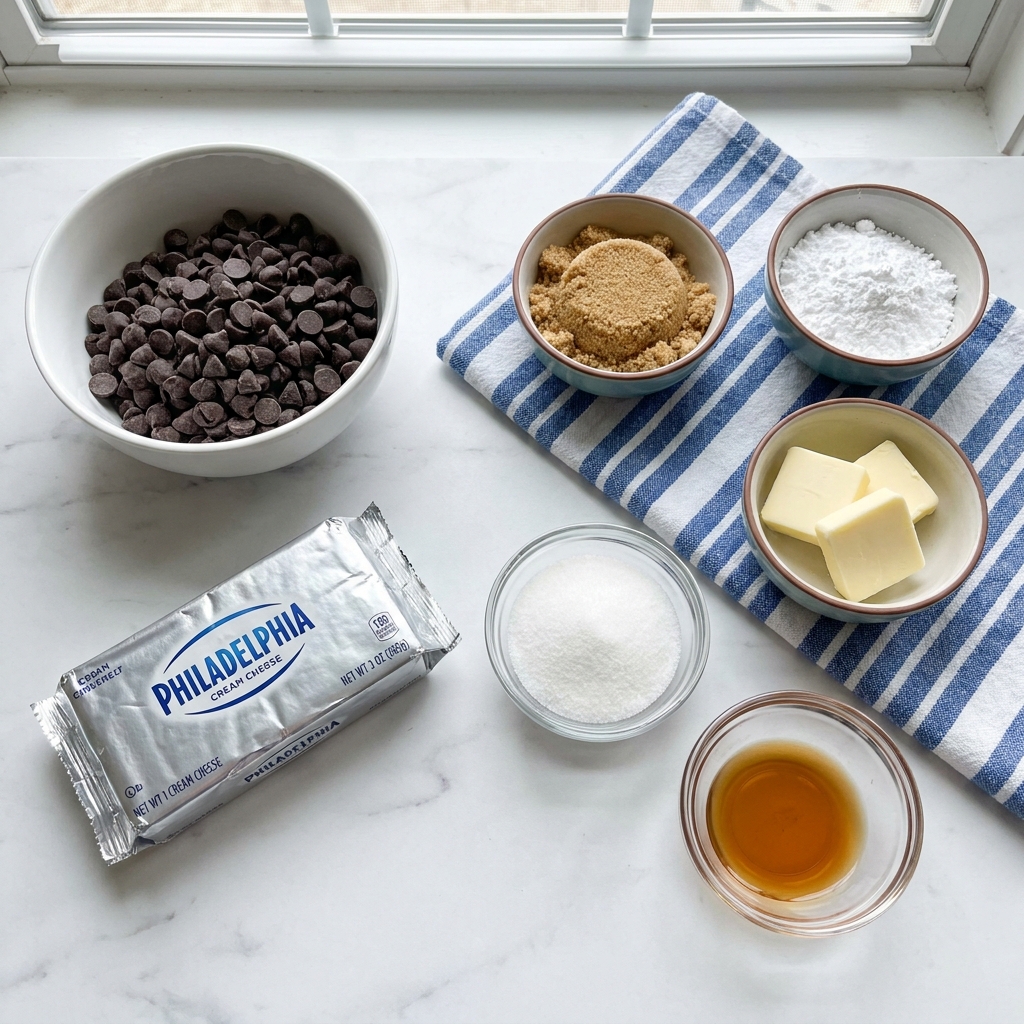 The image shows several baking ingredients arranged neatly on a white marbled surface. There is a white bowl filled with dark chocolate chips on the top left. Below it, there is a silver package of Philadelphia cream cheese. Toward the upper right, there are three small bowls placed on a blue and white striped towel: one with light brown sugar, one with white powdered sugar, and one with three square pieces of pale yellow butter. Below these, there is a small clear bowl with white granulated sugar and another clear bowl holding light brown liquid vanilla extract. The setup looks clean and organized, ready for making a dessert. photo taken with an iphone --ar 4:5 --v 7