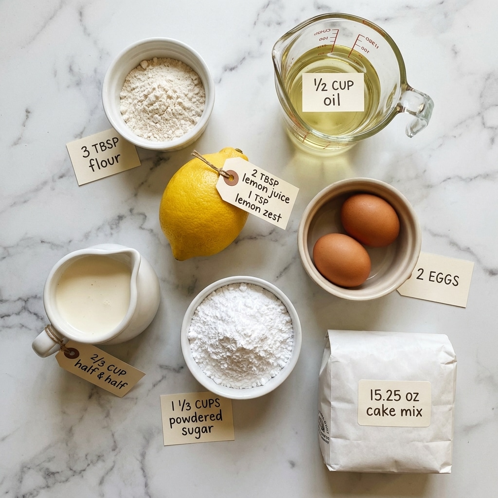 A flat lay of baking ingredients arranged on a white marbled surface, including a whole yellow lemon with bright skin labeled