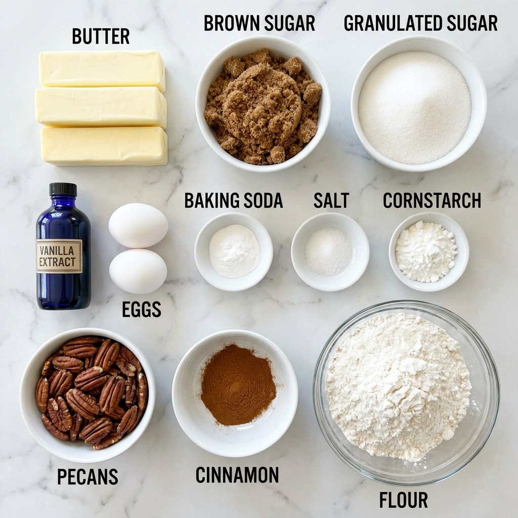The image shows several baking ingredients arranged neatly on a white marbled surface. From the top left, there are three sticks of pale yellow butter stacked vertically. Next to the butter is a white bowl filled with dark brown sugar, its texture crumbly and rich. To the right, a white bowl holds white granulated sugar, smooth and rounded on top. Below the butter is a dark blue bottle labeled vanilla extract. Next to it are two white eggs placed side by side. In the middle row, there are three small white bowls with white baking soda, white salt, and white cornstarch powders. On the bottom left, a white bowl contains large brown pecan halves with a rough texture. Next to the pecans, a white bowl holds ground cinnamon, a reddish-brown powder. On the bottom right, a large clear glass bowl is filled with white flour, soft and powdery. Each item is labeled clearly with black text above or below it. Photo taken with an iphone --ar 4:5 --v 7