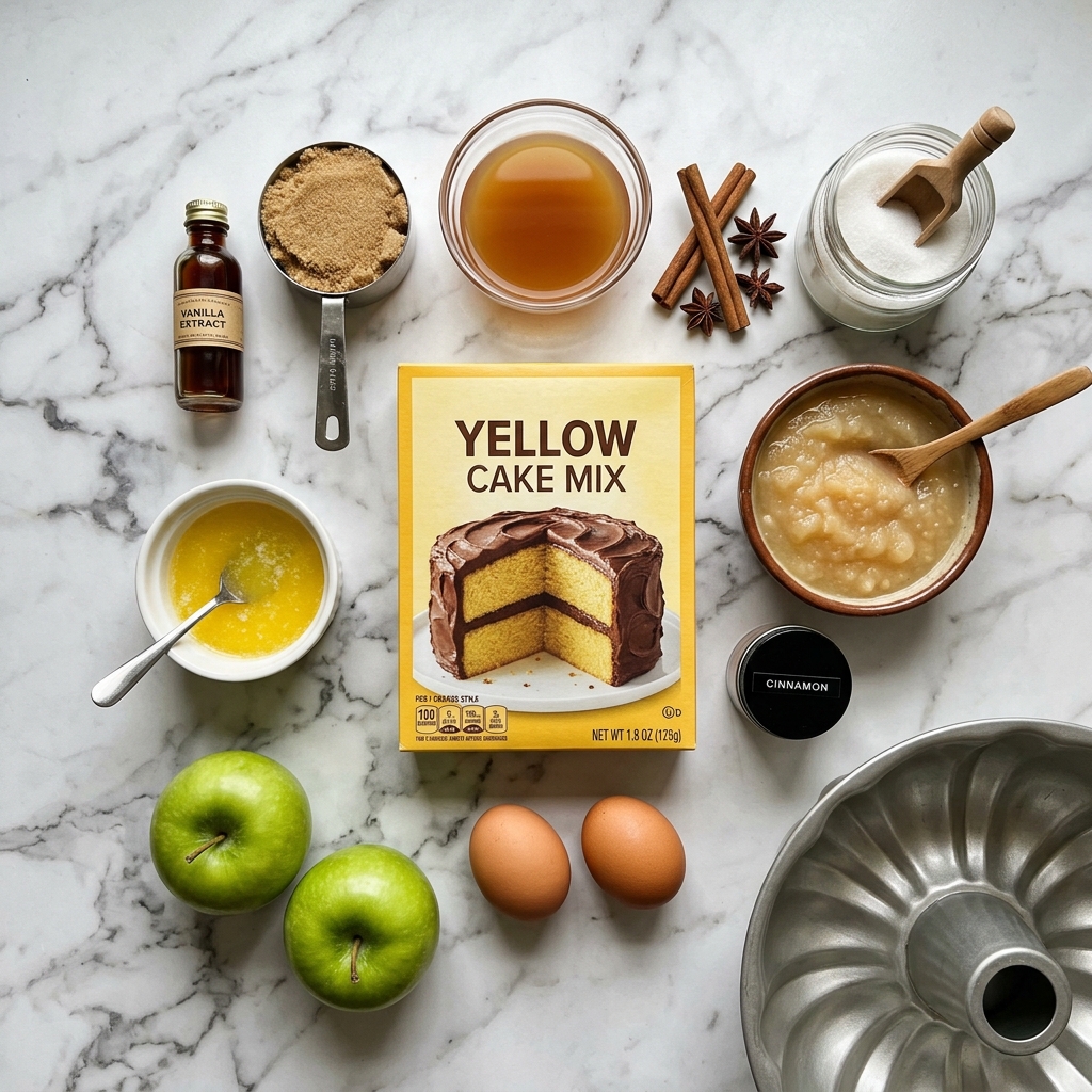 The image shows a top view of various baking ingredients arranged neatly on a white marbled surface. In the center, there is a box of yellow cake mix with a picture of a two-layer yellow cake with chocolate frosting. Above the box, from left to right, are a small glass with dark vanilla liquid, a metal measuring cup filled with light brown sugar, a clear glass bowl with amber-colored apple cider, two brown cinnamon sticks, star anise pieces, and a small container with white sugar. To the right of the cake mix box, there is a small brown bowl filled with pale apple sauce and a small black jar lid labeled cinnamon. Below the box are two brown eggs and two green apples placed on the white marbled surface. There is also a small white bowl with melted yellow butter on the left side of the image. On the bottom right corner, part of a silver metal bundt cake pan is visible. Photo taken with an iphone --ar 4:5 --v 7