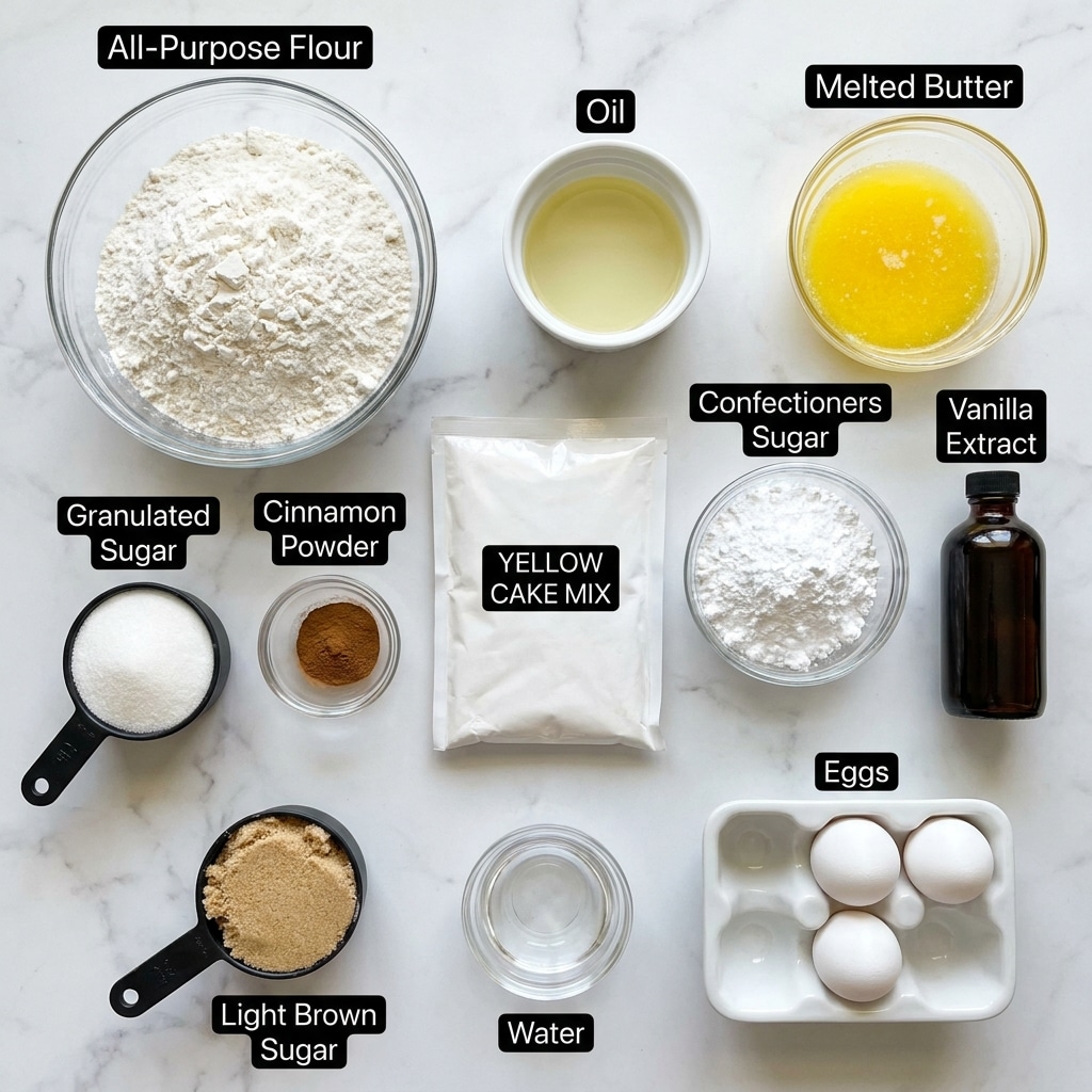 The image shows a top view of various baking ingredients arranged neatly on a white marbled surface. There are ten items in total: a large clear bowl filled with white all-purpose flour on the upper left, a small white bowl with pale yellow oil placed to its right, followed by a clear bowl filled with bright yellow melted butter on the upper right. Below them, from left to right, is a black measuring cup with white granulated sugar, a small clear bowl with brown cinnamon powder, a clear bowl with white confectioners sugar, and a dark brown bottle of vanilla extract. At the bottom left, there is a black measuring cup with light brown sugar, a small clear bowl with water, and a white egg carton holding three white eggs at the bottom right. In the center, there is a sealed white packet labeled yellow cake mix. All the ingredients are clearly labeled in black text above or beside each container. photo taken with an iphone --ar 4:5 --v 7