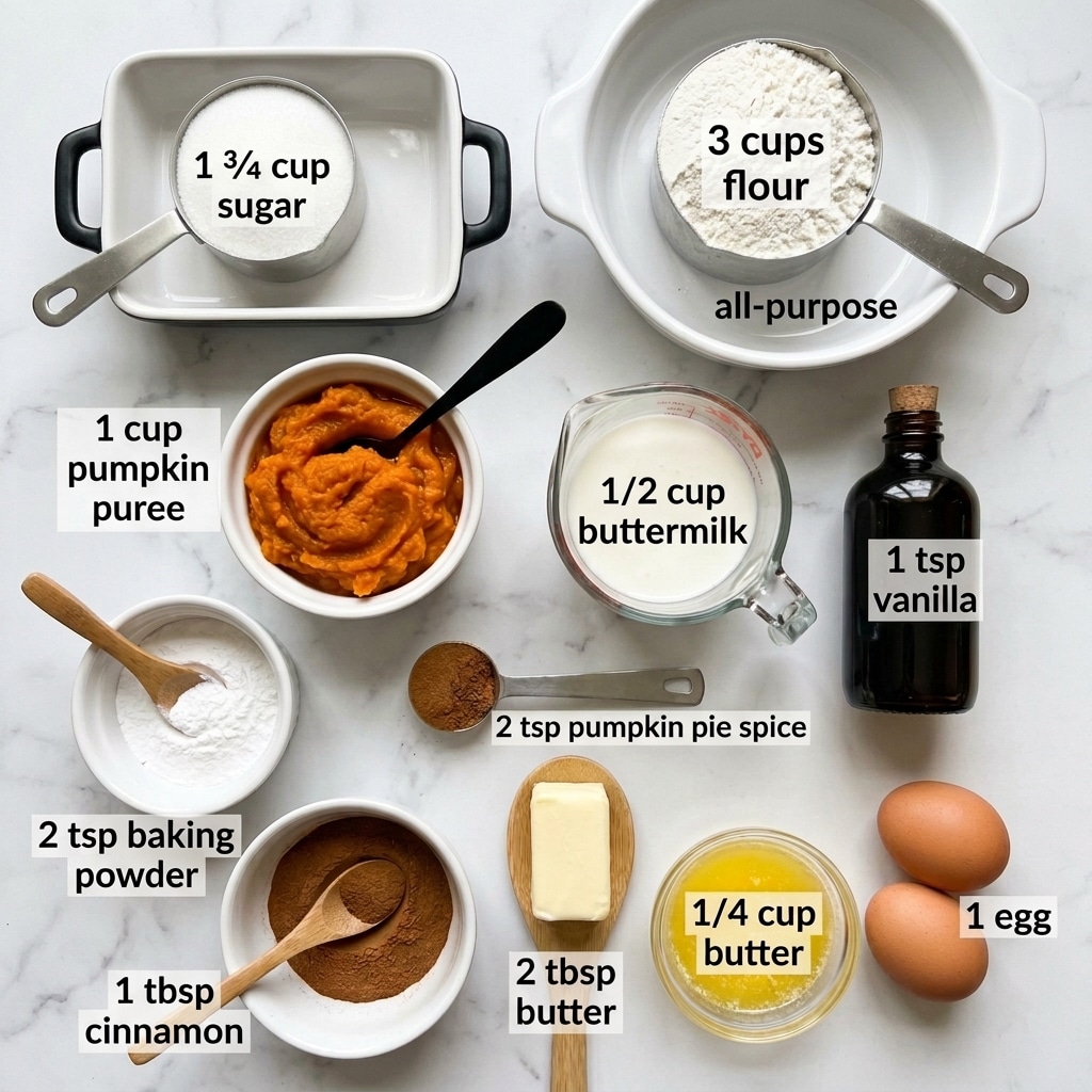 The image shows various baking ingredients arranged neatly on a white marbled surface. At the top left is a white dish with black handles holding a metal measuring cup filled with white sugar, labeled