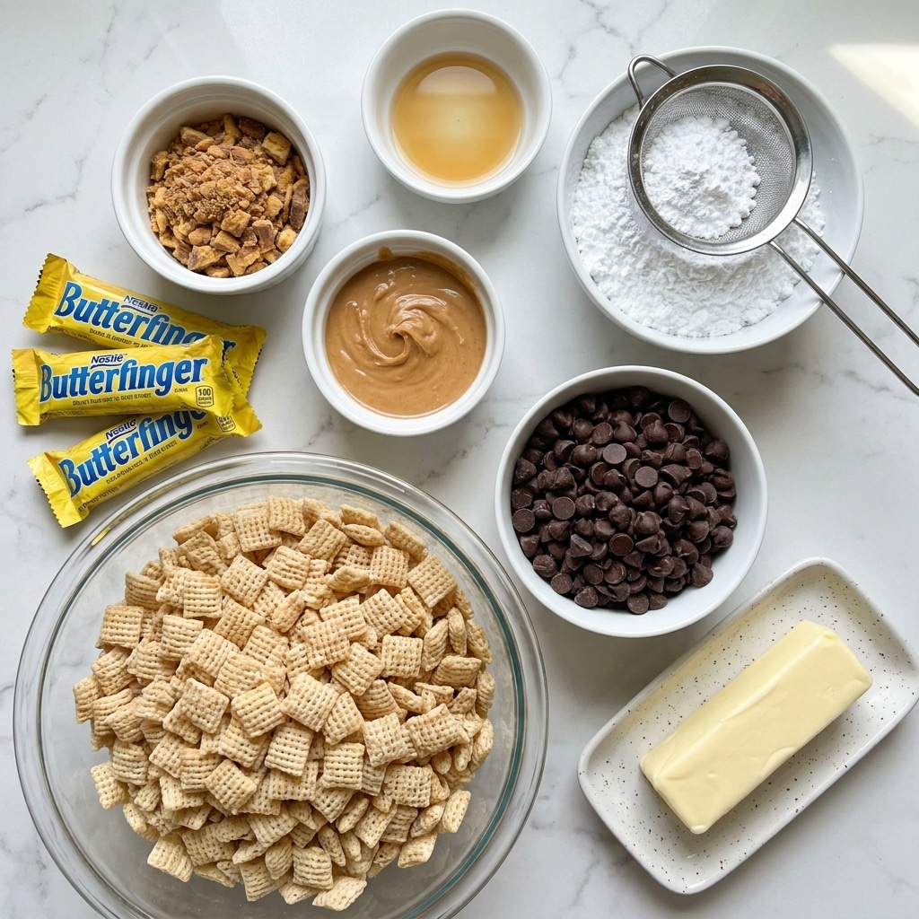The image shows various baking ingredients laid out on a white marbled surface. At the bottom left, a large clear glass bowl is filled with light tan Rice Chex cereal, showing its square shape and woven texture. To the left of this bowl, three yellow wrapped Butterfinger candy bars are placed, and above them is a white bowl filled with finely crushed Butterfinger candy pieces in shades of brown and tan. Above the cereal bowl is a small white bowl with smooth light brown peanut butter. Near the top center is a small white bowl with light golden vanilla extract that looks smooth and clear. To the right of it, a medium white bowl is full of white powdered sugar and contains a fine sifter with a handle resting on top. Below the powdered sugar, a white bowl holds dark brown chocolate chips with a shiny surface. Finally, at the bottom right, a white speckled rectangular dish contains a block of pale yellow butter. photo taken with an iphone --ar 4:5 --v 7