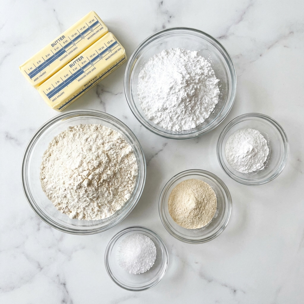 The image shows six baking ingredients neatly placed on a white marbled surface. There are two sticks of butter with blue measurement markings on their yellow wrappers in the top left corner. To the right and below the butter, there are five glass bowls of different sizes. The largest bowl on the bottom left holds white flour with a slightly coarse texture. Above it is a medium bowl filled with powdered white sugar. To the right side are two smaller bowls, one holding fine white baking powder and the other with a light beige powder, likely garlic or onion powder. At the bottom left corner is the smallest bowl containing coarse white salt. photo taken with an iphone --ar 4:5 --v 7