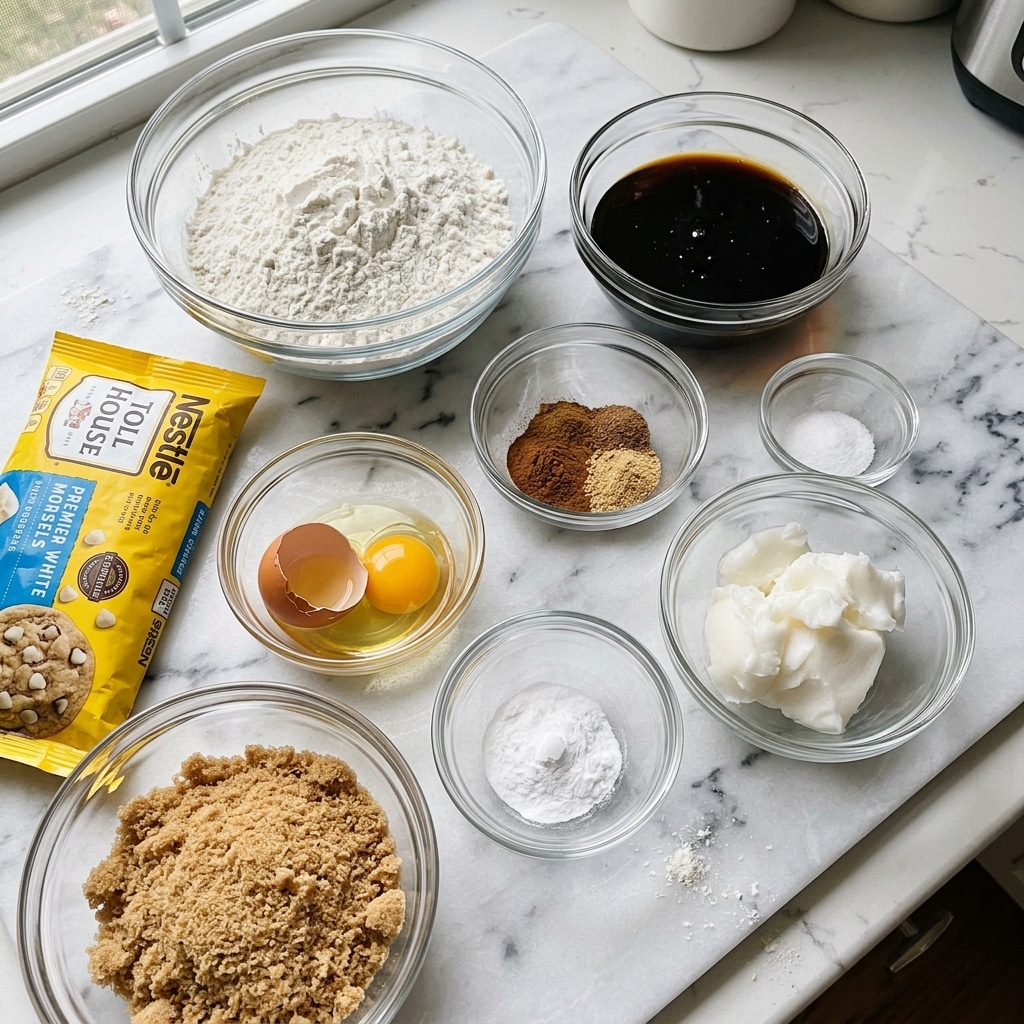 The image shows several clear glass bowls with different ingredients placed on a white marbled surface. Starting from top left, there is a large bowl filled with white flour, next to it on the right is a medium bowl with a dark thick liquid. Below these, a small bowl contains three ground spices in shades of brown and tan. To its right is an even smaller bowl of white salt. Center right holds a medium bowl with white solid shortening or lard. Center left has a cracked brown egg in a small glass bowl. Below the spices and egg is a small bowl with white baking soda or powder. At the bottom left, a large bowl is filled with light brown sugar. On the far left, a yellow Nestle Toll House white chip cookie package lies on the surface. photo taken with an iphone --ar 4:5 --v 7
