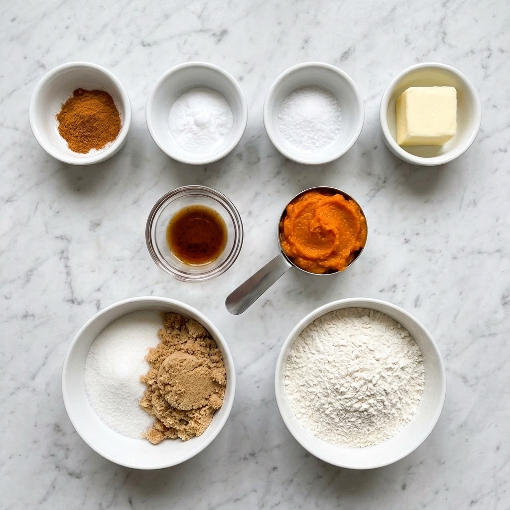 The image shows several small white bowls and one metal measuring cup arranged on a white marbled surface. From left to right, there are three bowls on the top row: one with orange pumpkin spice powder, one with white baking soda, and one with white salt crystals. Below these, there is a small glass bowl with dark brown vanilla liquid and a metal measuring cup holding bright orange pumpkin puree. On the bottom row, there are two larger white bowls: one with a mix of white granulated and light brown sugar, and one filled with fine white flour. Another small white bowl on the top right contains a pale yellow square block of butter. Each bowl and cup is spaced evenly apart. The photo taken with an iphone --ar 4:5 --v 7