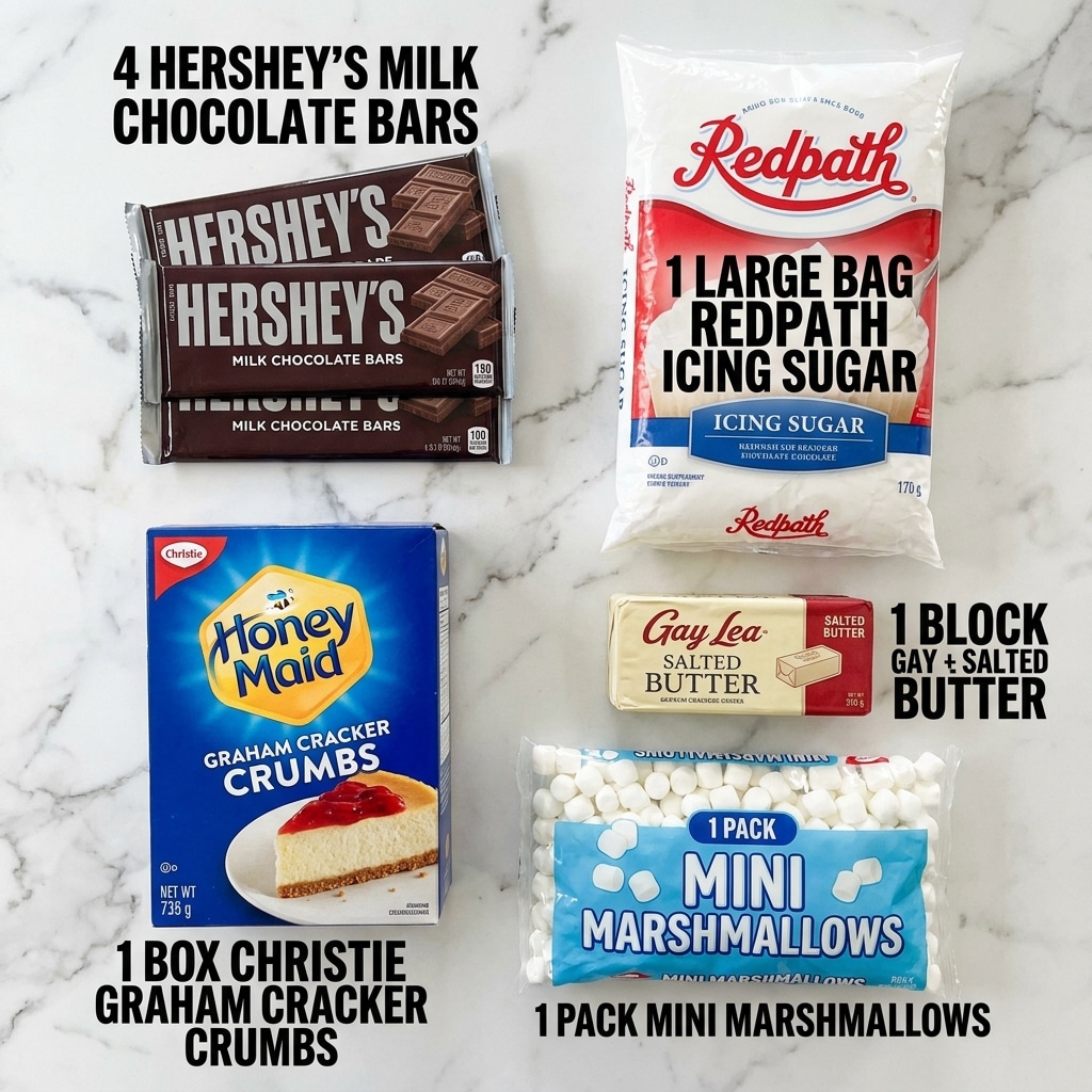 The image shows five baking ingredients placed on a white marbled surface: four Hershey's creamy milk chocolate bars with dark brown wrappers arranged in a loose stack on the top left, a large white bag of Redpath icing sugar with red and blue accents standing upright on the top right, a blue box of Christie Honey Maid graham cracker crumbs showing a cheesecake image on the front located at the bottom left, a wrapped block of Gay Lea salted butter in cream and red packaging placed on the middle right, and a white and blue pack of mini marshmallows lying flat across the bottom of the image. Each ingredient has bold black and white text labeling its quantity and name near its position. photo taken with an iphone --ar 4:5 --v 7