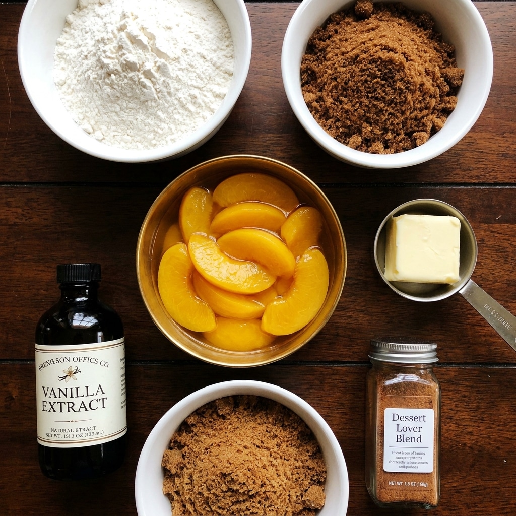 The image shows several baking ingredients arranged on a dark wooden surface. On the top left, there is a white bowl full of plain white flour, and to its right, another white bowl holds brown sugar with a rough texture. Below these, a golden metal bowl contains many bright yellow peach slices in syrup, shiny and wet. To the right of the peaches, a small metal cup with a handle has a solid pale yellow cube of butter resting inside. On the left side near the bottom, a dark glass bottle of vanilla extract with a white label stands next to a white bowl filled with packed brown sugar, similar in color and texture to the one above. To the right of the brown sugar, a clear glass spice jar labeled