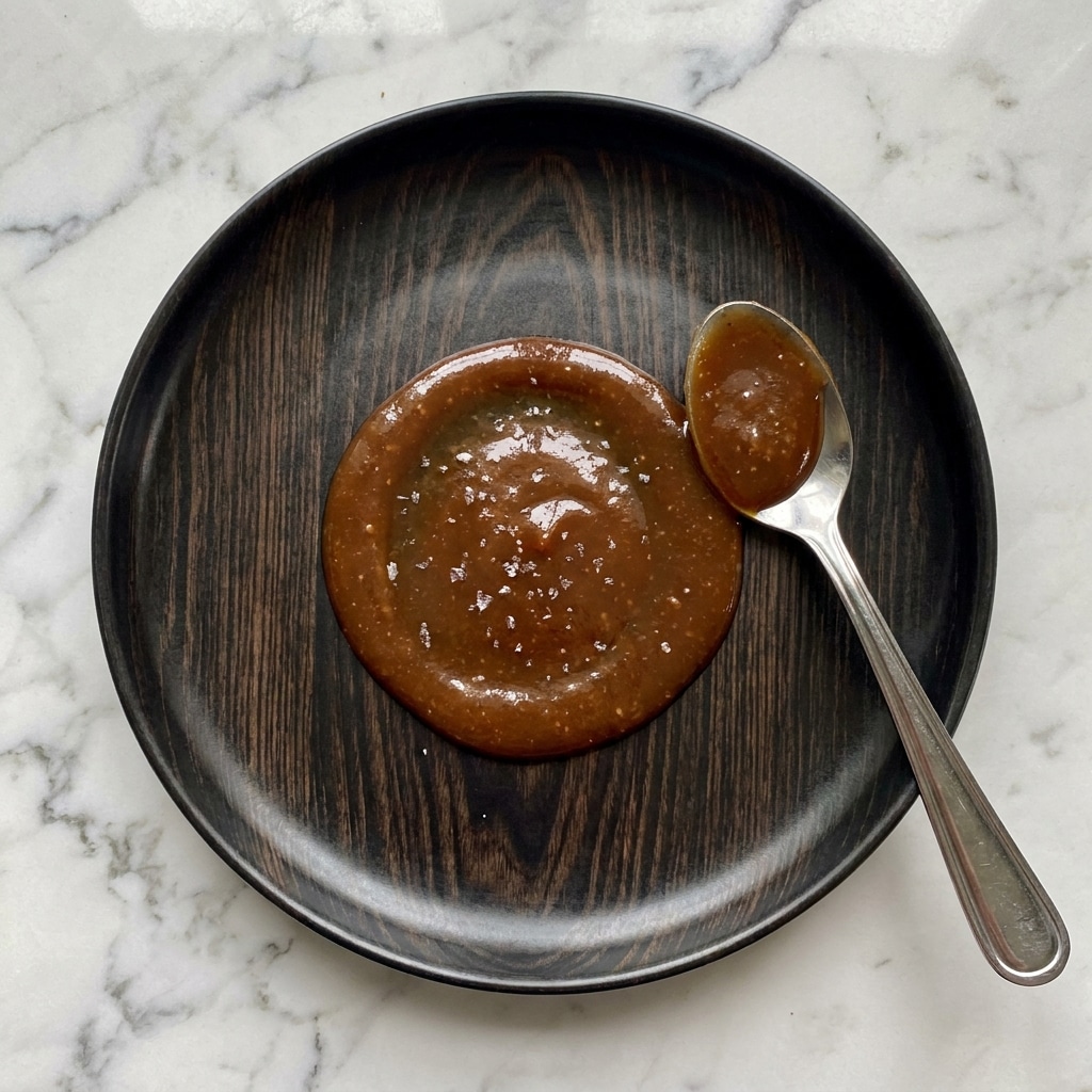 A small amount of thick brown sauce with a shiny texture and scattered small white flakes is spread in a loose circle on a black plate with a wooden grain pattern; a silver spoon resting on the right side of the plate holds some more of the sauce, reflecting light slightly, all placed on a white marbled surface. photo taken with an iphone --ar 4:5 --v 7
