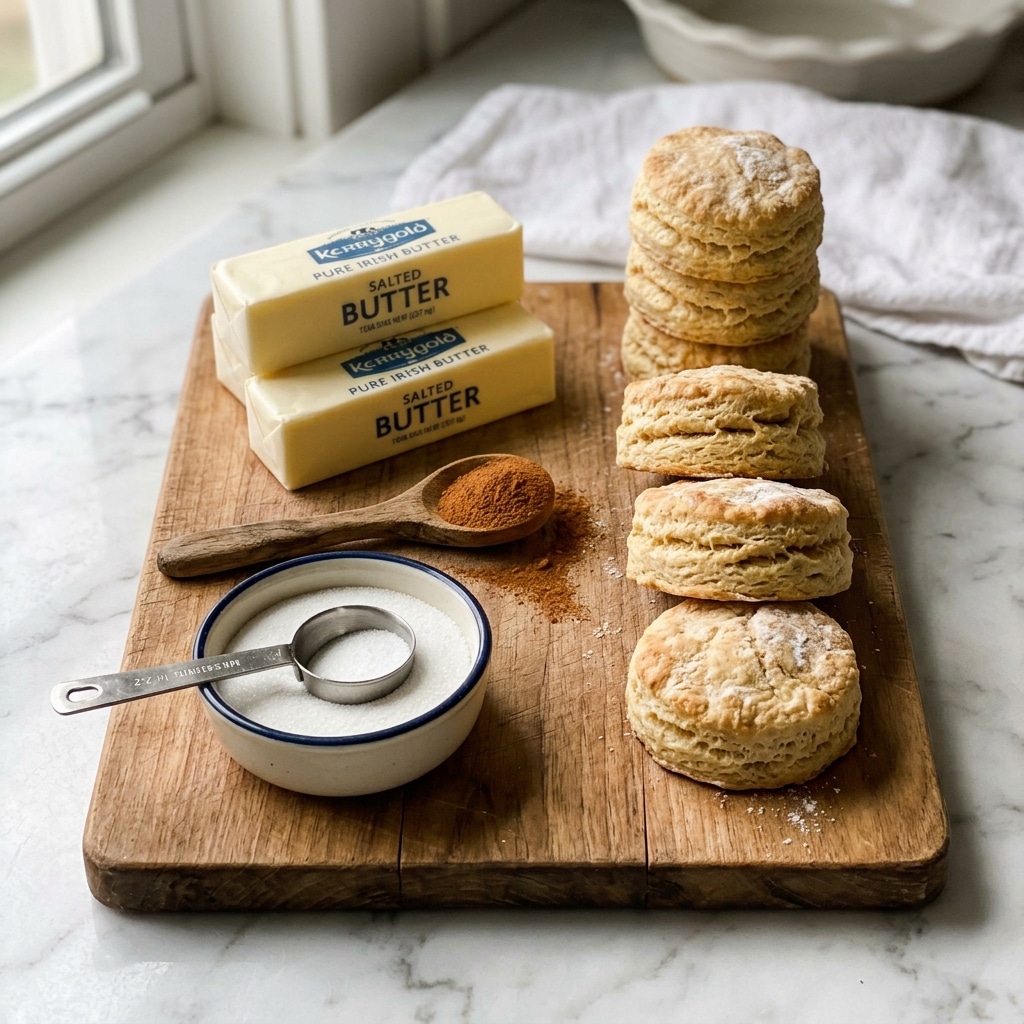 On a wooden board placed over a white marbled surface, there are five round, light beige buttermilk biscuits stacked on the right side. To the left of them, there are two sticks of salted butter, each in cream-colored wrappers with blue text. Below the butter sticks, a wooden spoon filled with ground cinnamon lies flat. Next to the spoon, a white bowl with a dark rim is full of white granulated sugar, with a small metal scoop resting inside. The overall setting is clean and simple. photo taken with an iphone --ar 4:5 --v 7