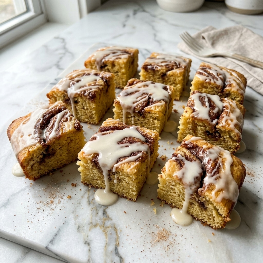 The image shows several square pieces of cinnamon swirl cake with a pale golden base layer and dark brown swirls of cinnamon on top. Each piece is generously drizzled with a light white glaze that looks smooth and shiny. The cake pieces are placed directly on a white marbled surface, showing a few crumbs scattered around. The texture of the cake looks soft with a slightly crispy swirl pattern on the surface. Photo taken with an iphone --ar 4:5 --v 7