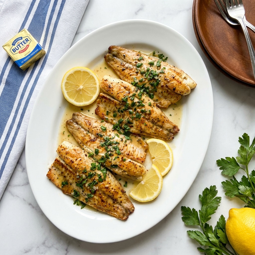 A white oval plate holds four pieces of golden brown cooked fish, each piece showing visible seasoning and mild grill marks. The fish is topped with small green chopped herbs and tiny bits of a light sauce. Three lemon slices are placed on the plate around the fish. The plate sits on a white marbled surface. To the left of the plate, a small square of butter in yellow and blue packaging leans against a blue-striped cloth. To the right, part of a brown wooden plate and cutlery are visible, and fresh green herbs and a yellow lemon rest near the bottom right corner of the frame. Photo taken with an iphone --ar 4:5 --v 7