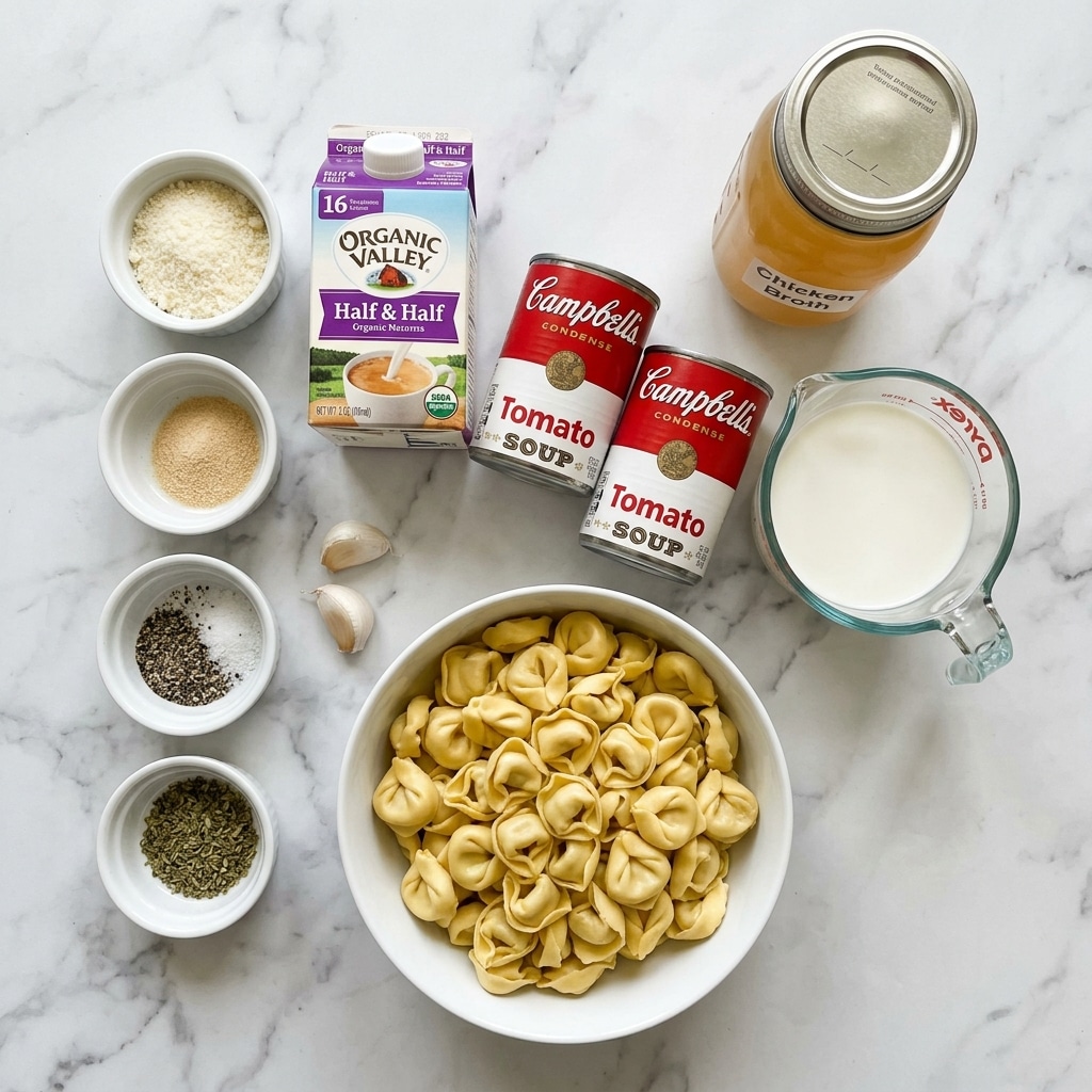 A top-down view of various cooking ingredients arranged neatly on a white marbled surface. In the center bottom, there is a white bowl filled with uncooked tortellini pasta, pale yellow and folded in rounded shapes. Above it, two red and white Campbell’s tomato soup cans lie slightly tilted. To the right of the cans, a clear glass measuring cup holds white milk. Above that, a jar containing light amber chicken broth is visible. To the left, a purple-and-white carton of half & half stands upright. On the left side, small white bowls hold different seasonings: one with grated Parmesan cheese, one with light brown onion powder, one with black and white salt & pepper mix, and another with green dried oregano. Between the bowls, two unpeeled garlic cloves rest on the surface. The background and surface are smooth with a white marble texture. Photo taken with an iphone --ar 4:5 --v 7