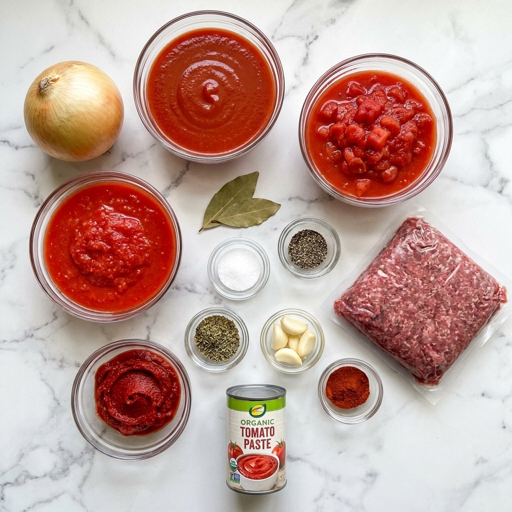 The image shows several cooking ingredients neatly placed on a white marbled surface. There are four clear glass bowls filled with different types of red tomato sauces and diced tomatoes, each showing rich, vibrant red colors with varying textures from smooth to chunky. A whole yellow onion is positioned on the top left. Near the center, there are two dried bay leaves, a small glass bowl of white granulated salt, and another small glass bowl of cracked black pepper. Below, several small glass bowls hold dried herbs, peeled garlic cloves, and more spices with different green and brown tones. A sealed clear plastic bag with raw ground meat sits to the right side. A silver can of organic tomato paste is placed near the bottom center. All items are arranged carefully with good lighting on the white marbled background, photo taken with an iphone --ar 4:5 --v 7