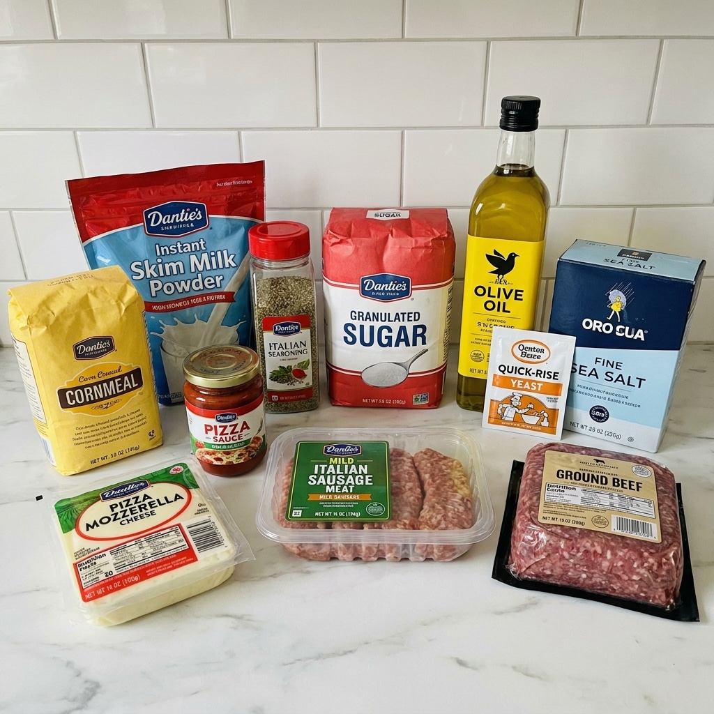 A group of cooking ingredients and packaged foods are placed on a white marbled surface against a white tiled wall. From left to right and front to back, there is a yellow bag of cornmeal, a clear plastic package of pizza mozzarella cheese, a small red jar of pizza sauce, a clear plastic container of mild Italian sausage meat with a green label, a package of ground beef in clear plastic with a beige label, a red and blue bag of instant skim milk powder, a package of Italian seasoning in a clear bottle with a red cap, a red and white bag of granulated sugar, a tall bottle of yellow olive oil with a black cap and a black bird logo, a small white and orange packet of quick-rise yeast, and a blue and white box of fine sea salt. All items are neatly arranged, showing their labels clearly. photo taken with an iphone --ar 4:5 --v 7