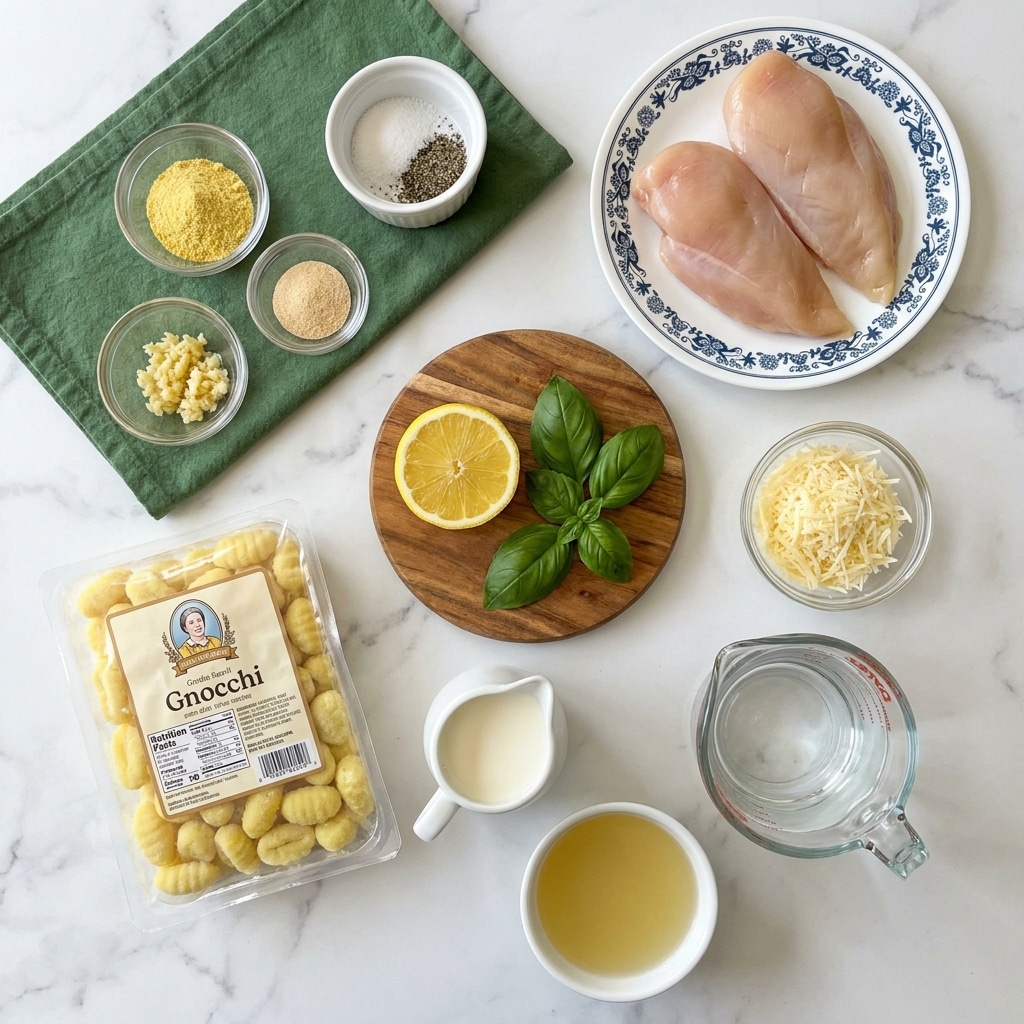 A flat lay image of cooking ingredients arranged on a white marbled surface. At the top left, there is a green cloth with small glass bowls holding yellow chicken bouillon powder, beige onion powder, and minced garlic. Next to these, a small white bowl contains white salt and black pepper. To the right, two raw chicken pieces lie on a white patterned plate. Below the green cloth, there is a clear plastic bag of yellow gnocchi with a portrait on the packaging. Centered on a small wooden board are a halved bright yellow lemon and fresh green basil leaves. To the right of the board is a small glass bowl filled with shredded pale yellow Parmesan cheese. Below the board, a small white pitcher holds light cream-colored milk, and next to it is a glass measuring cup filled with clear water. A second small white bowl contains pale yellow chicken broth, all set neatly with clear spacing around each item. Photo taken with an iphone --ar 4:5 --v 7
