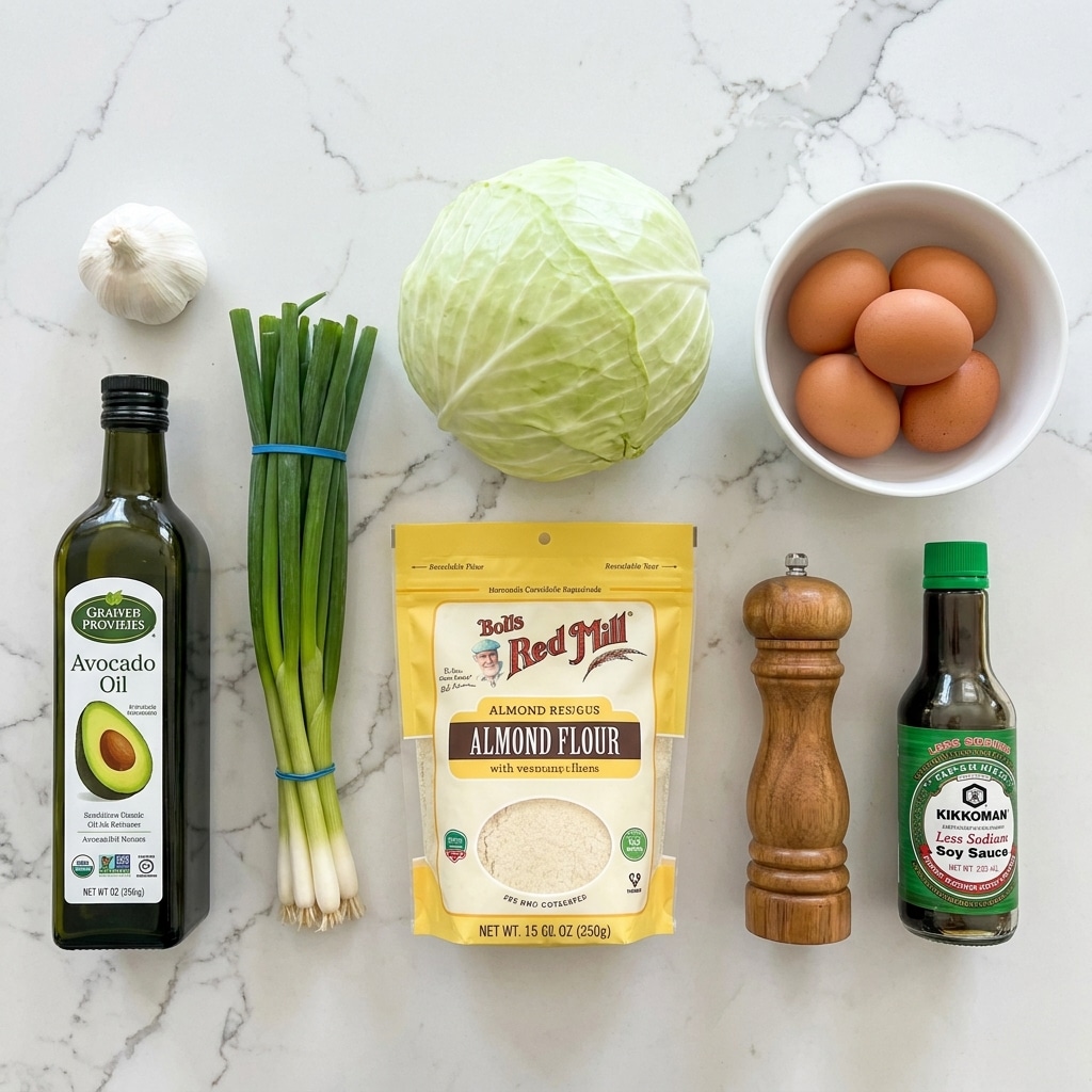 The image shows a neatly arranged set of ingredients on a white marbled surface. From left to right, there is a dark green bottle of avocado oil, a bunch of green scallions tied with a blue rubber band, a whole light green cabbage, and a white bowl holding four brown eggs. Below these, there is a yellow and white package of almond flour in the center, a wooden pepper grinder to its right, and a green-capped bottle of less sodium soy sauce on the far right. At the top left corner, there is a bulb of white garlic. Each item is clear and distinct, placed with space in between, all resting on a smooth white marbled background. Photo taken with an iphone --ar 4:5 --v 7