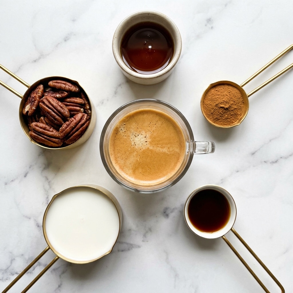 The image shows six small containers with different ingredients placed on a white marbled surface. In the center, there is a clear glass cup filled with light brown espresso crema, with some texture on top. Around it, there are five metal measuring cups and spoons, all white inside. At the top center is a small cup with dark amber maple syrup. On the left side, a gold measuring spoon holds whole pecans, dark brown and textured. Upper right has a small gold spoon filled with fine, light brown cinnamon powder. Bottom left features a gold measuring cup filled with smooth white milk, and the bottom right has a gold spoon with dark brown vanilla extract. Each container is spaced evenly around the espresso cup. Photo taken with an iphone --ar 4:5 --v 7