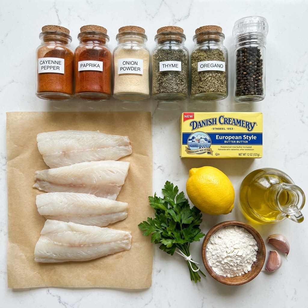 The image shows four pieces of white fish fillets placed on light brown parchment paper at the bottom left. Above them, there are six glass spice jars in a horizontal line, labeled from left to right: cayenne pepper, paprika, onion powder, thyme, oregano, and a pepper grinder filled with black peppercorns. To the right of the fish, there is a block of Danish Creamery European Style butter in a yellow and blue wrapper. Below the butter is a bright yellow lemon and a small bunch of green parsley tied with a white string. Next to the parsley, there is a small wooden bowl filled with white flour, three garlic cloves with a pale pink hue, and a clear glass bottle of golden olive oil. Everything is placed on a white marbled textured surface. Photo taken with an iphone --ar 4:5 --v 7