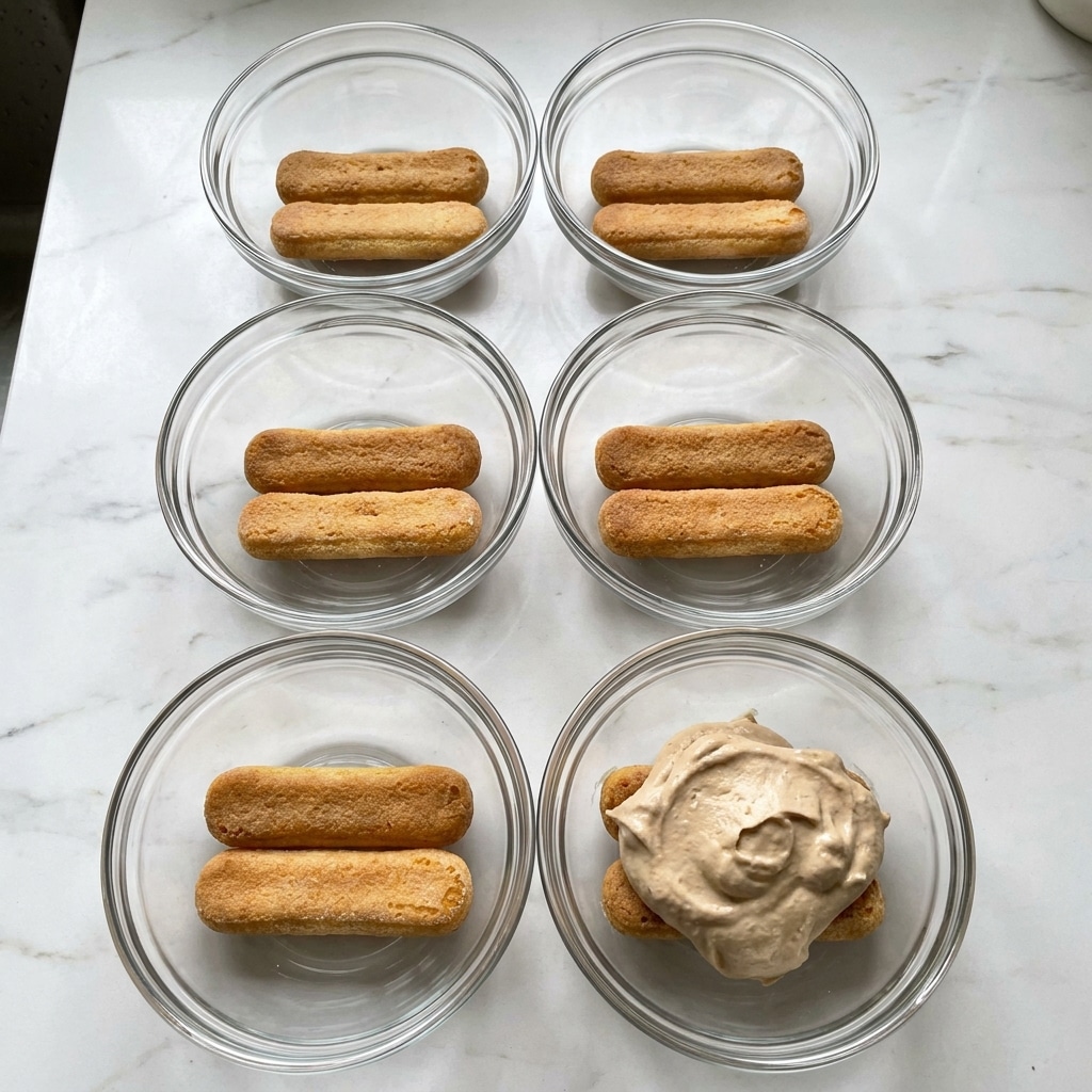The image shows six small clear glass bowls, each containing two golden brown ladyfinger biscuits placed flat and parallel inside, five of these bowls have only the biscuits while the sixth bowl has a thick layer of light brown creamy mixture on top of the biscuits. The bowls are arranged in two vertical columns on a white marbled surface, . photo taken with an iphone --ar 4:5 --v 7