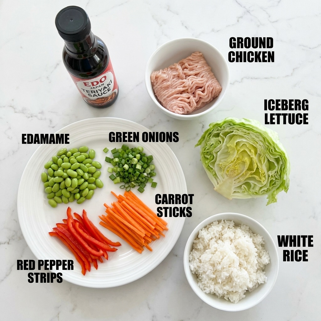 The image shows a collection of ingredients placed on a white marbled surface. In the top left corner, there is a dark bottle of Edo Japan Teriyaki Sauce with a black cap and a red and white label. Below the sauce, a white round plate holds green edamame, chopped green onions, thin orange carrot sticks, and thin red pepper strips arranged side by side. To the right of the sauce bottle, a small white bowl contains light pink ground chicken. Below that, half a head of light green iceberg lettuce is placed with its leaves slightly curved outward. At the bottom right, there is a small white bowl filled with fluffy white rice. Each item is clearly labeled in bold black text. The photo taken with an iphone --ar 4:5 --v 7