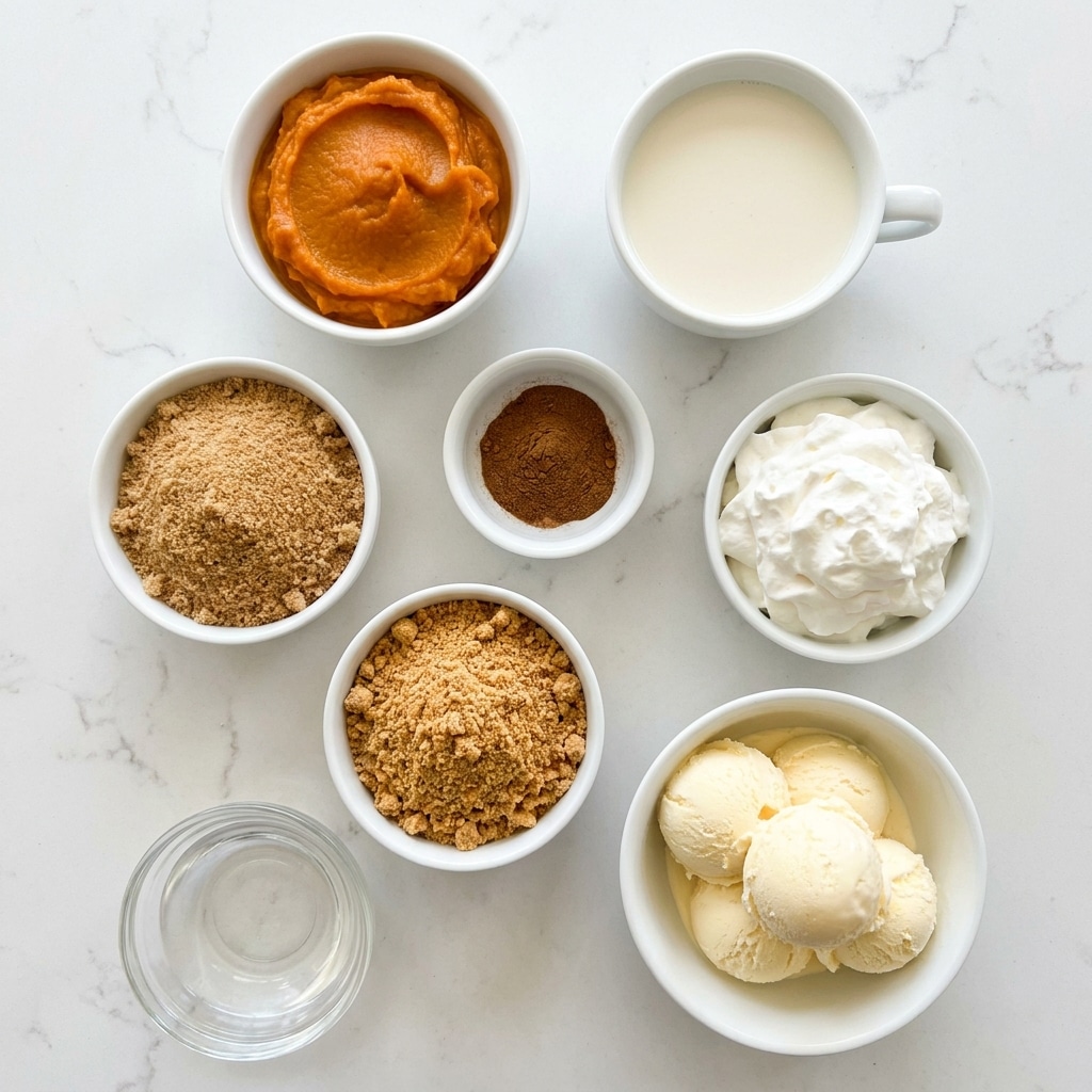 The image shows eight white bowls and cups on a white marbled background, each with a different ingredient. The top left bowl holds bright orange pumpkin puree with a smooth and thick texture. To its right, a white cup is filled with light cream-colored milk. Below the pumpkin puree, there is a bowl filled with fine, light brown sugar. Next to it, a small bowl with dark brown pumpkin pie spice is placed in the center. Beneath the brown sugar bowl, another white bowl contains golden-brown, crumbly graham cracker crumbs. To the right of this, a white bowl is filled with fluffy white whipped cream. Below the whisky cream bowl, a larger white bowl holds several round scoops of pale yellow vanilla ice cream with a creamy texture. In the bottom left corner, there is a small clear glass bowl filled with clear sugar water. The arrangement is neat and well spaced. photo taken with an iphone --ar 4:5 --v 7