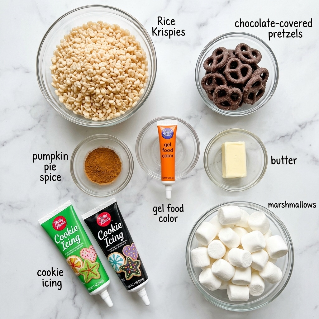 The image shows seven clear bowls and two icing tubes arranged on a white marbled surface. The largest bowl at the top left contains light beige Rice Krispies cereal. To its right, a smaller bowl holds dark brown chocolate-covered pretzels with a textured surface. Below the cereal bowl, a small bowl holds a pale yellow slice of butter. To the right, a small bowl contains orange-brown pumpkin pie spice powder. In the bottom right corner, a large bowl is filled with white marshmallows. Near the bottom left, two tubes of cookie icing, one green and one black, lie flat with colorful packaging showing decorated cookies on the front. An orange gel food color tube stands vertically near the center. All items are spaced neatly on the white marbled surface with handwritten labels next to each item. photo taken with an iphone --ar 4:5 --v 7