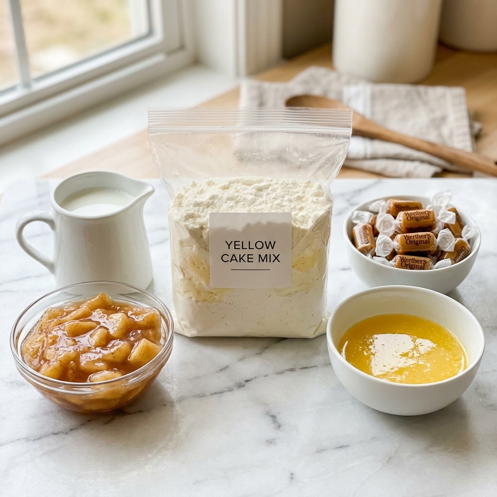 A white marbled surface holds five containers with ingredients neatly placed side by side. In the center is a clear plastic bag filled with white-yellow powder labeled as yellow cake mix. To the left of it, a small white pitcher contains white milk, and below that, a clear bowl shows chunky golden apple pie filling with a shiny texture. On the right side of the cake mix, there is a white bowl filled with shiny golden yellow melted butter. Above it, another white bowl holds individually wrapped golden Werther's Original chewy caramels, each wrapped in transparent white paper. The composition is clean and bright, with light reflecting softly off the smooth surfaces. Photo taken with an iphone --ar 4:5 --v 7