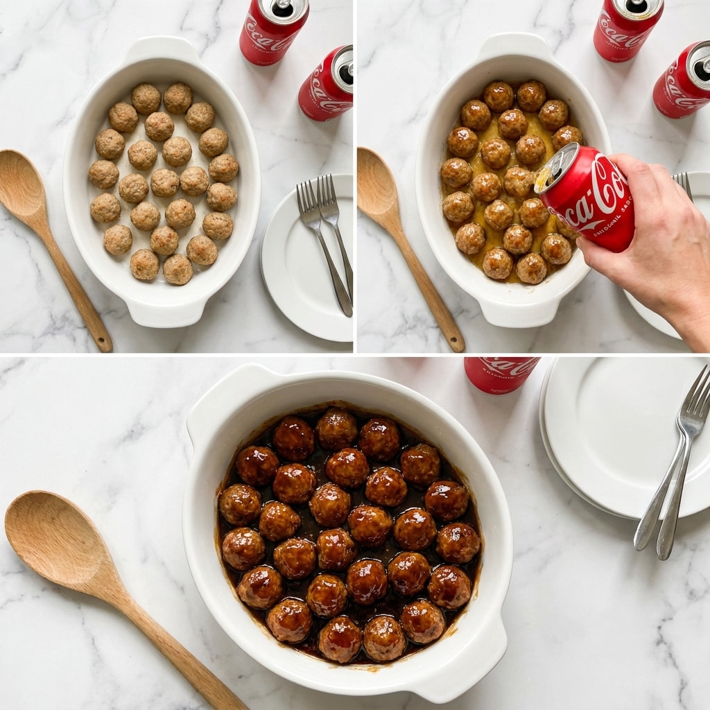 A white oval dish holds small-shaped meatballs arranged in one layer, light brown in the first step, then fully covered in a dark shiny sauce in the next images. A woman's hand pours a golden soda from a red can over the meatballs, which creates a glossy coating. The dish rests on a white marbled surface with a wooden spoon and a white plate with forks nearby, along with two red soda cans. The sauce looks thick and smooth, pooling around the evenly spaced meatballs, making them look rich and glazed photo taken with an iphone --ar 4:5 --v 7