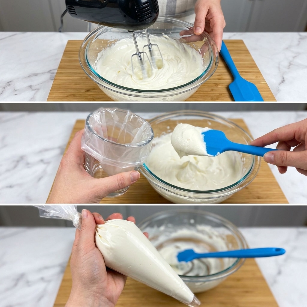 The image is shown in three panels. The first panel shows a woman's hand holding a black hand mixer with silver beaters mixing a white creamy substance inside a clear glass bowl resting on a wooden surface with a white marbled texture, and a blue spatula placed nearby. The second panel features a woman's hand holding a clear glass cup with a plastic piping bag inside as another woman's hand uses a blue spatula to scoop the white creamy mixture from a large clear glass bowl on the wooden surface. The third panel depicts a woman's hand holding the filled white piping bag from the previous step, with the large clear glass bowl and blue spatula in the background on the wooden surface with white marbled texture. Photo taken with an iphone --ar 4:5 --v 7