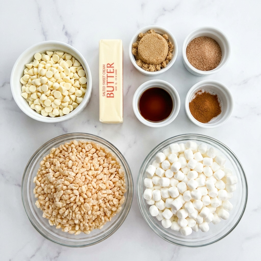 The image shows different ingredients for a recipe laid out on a white marbled surface. At the bottom are two clear glass bowls, one filled with light beige puffed rice cereal and the other filled with white mini marshmallows. To the left, there is a white bowl filled with white chocolate chips. Above the bowls, there is a stick of salted sweet cream butter wrapped in cream-colored paper with red text. Next to the butter, there are three small white bowls in a row: the first bowl contains light brown sugar, the second has light brown cinnamon sugar, the third is filled with dark brown vanilla extract, and the last has cinnamon powder in light brown color. The arrangement is neat and the colors stand out well against the white marbled texture. photo taken with an iphone --ar 4:5 --v 7