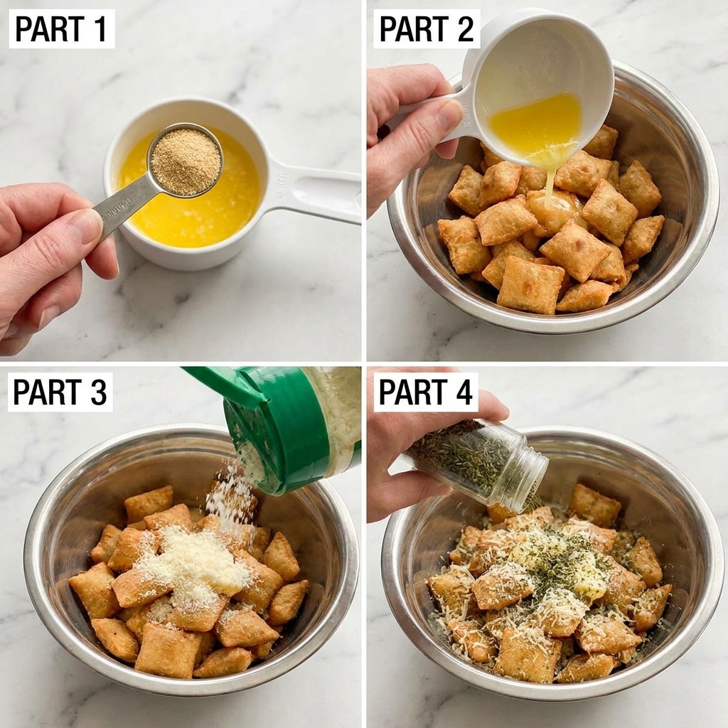 The image shows a process of seasoning small square fried snacks in a metal bowl on a white marbled surface. In the first part, a woman's hand holds a metal measuring spoon with light brown garlic granules above a white plastic measuring cup with melted yellow butter. The second part shows a woman's hand pouring melted yellow butter from the white measuring cup into the metal bowl filled with golden brown fried snacks. The third part depicts grated white parmesan cheese being sprinkled from a green-topped bottle over the fried snacks in the metal bowl. In the final part, a woman's hand is seen shaking dried green herbs from a clear spice bottle on top of the fried snacks layered with cheese and butter inside the metal bowl photo taken with an iphone --ar 4:5 --v 7