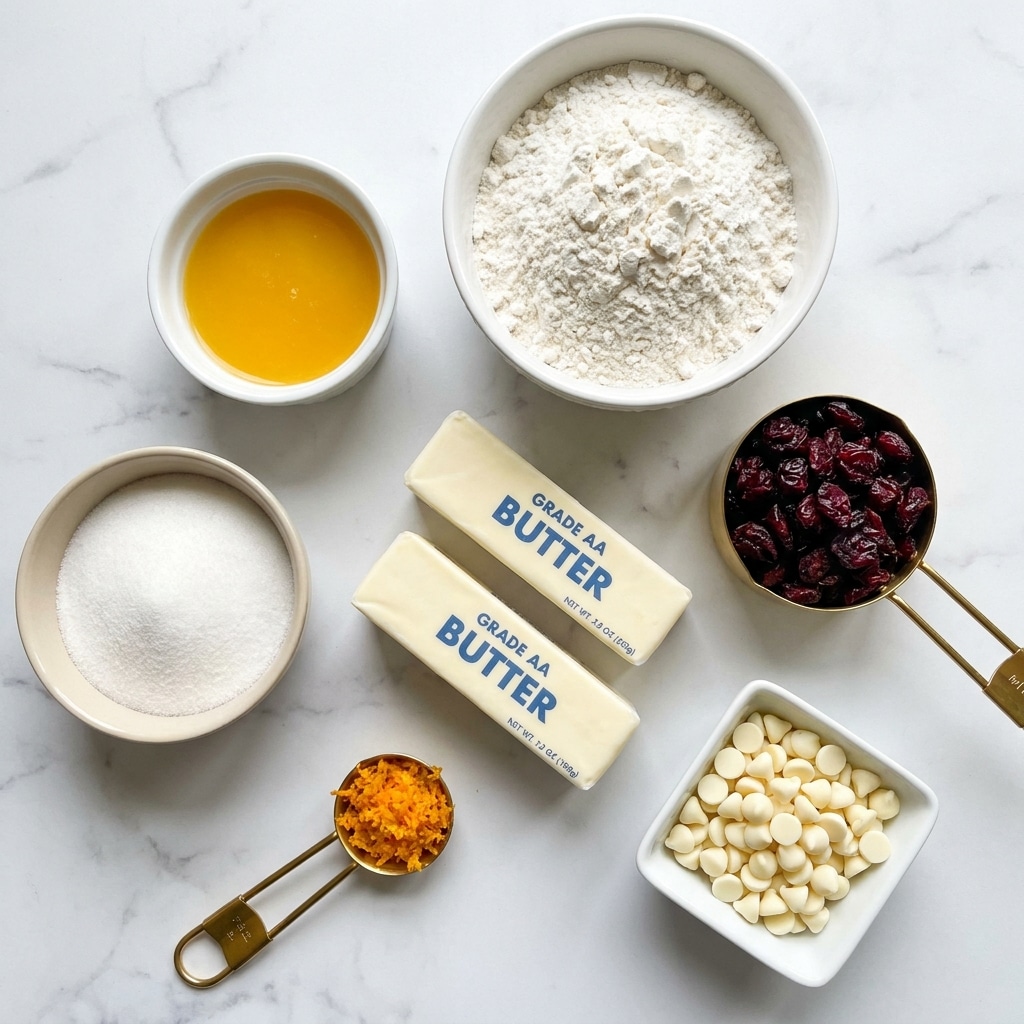 The image shows seven ingredients neatly arranged on a white marbled surface. At the top right is a white bowl filled with all-purpose flour, its texture soft and powdery. To its left is a small white bowl holding bright orange juice, smooth and liquid. Below the flour is a golden measuring cup with dried cranberries, dark red and slightly wrinkled. Below the orange juice is a beige bowl with white sugar, fine and grainy. Two sticks of butter wrapped in white paper labeled