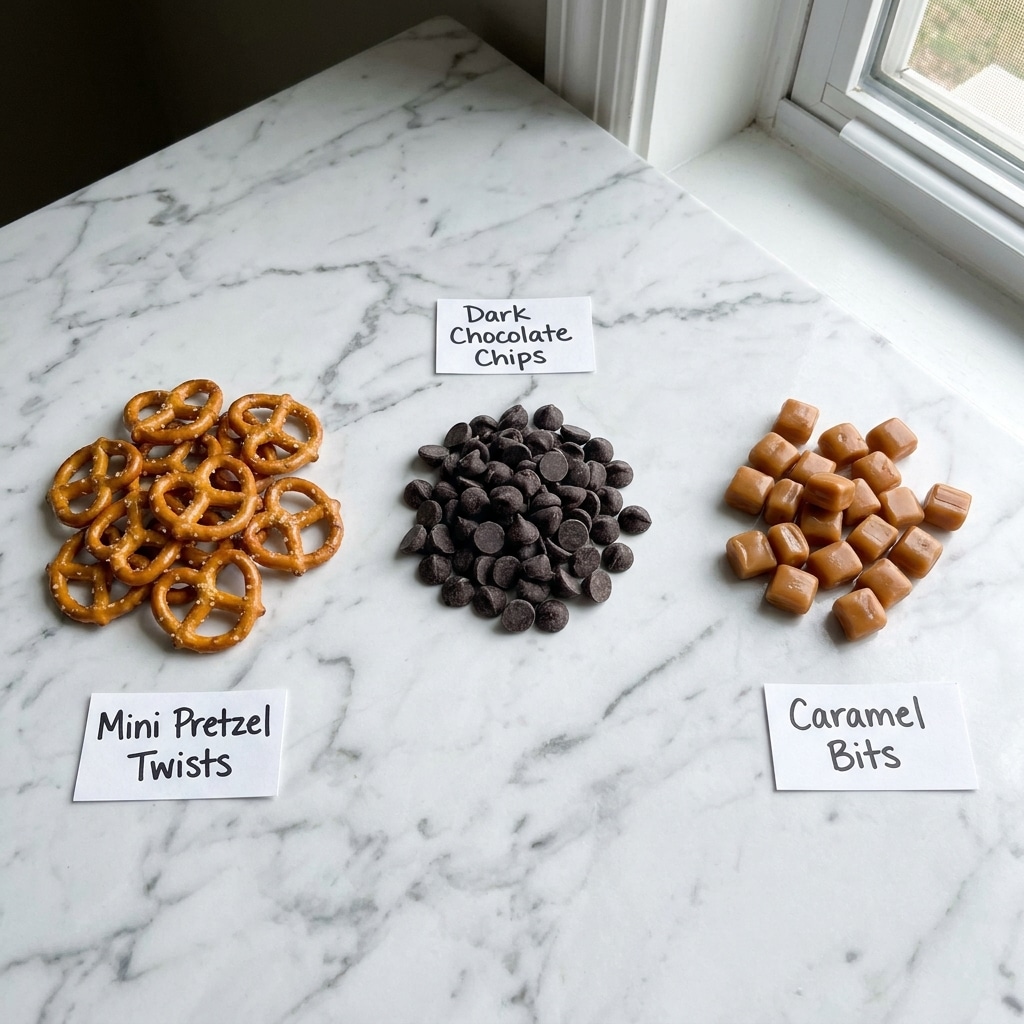 The image shows three types of snacks placed side by side on a white marbled surface. On the left, there is a pile of mini pretzel twists, golden brown in color with a slight sheen and some visible salt crystals on their surface. In the middle, there is a small mound of dark chocolate chips, dark brown with a matte texture and a slightly rough surface. On the right, there is a scattered group of caramel bits, light brown and glossy with a smooth texture and round shape. Above the chocolate chips, the label