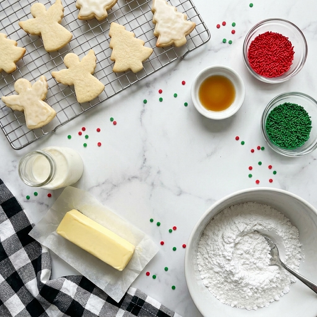 A top view of freshly baked sugar cookies in different shapes like angels and trees placed on a silver cooling rack at the top left corner on a white marbled surface. Below, ingredients are spread out with text labels: a block of salted yellow butter in the bottom left, a small clear bottle of heavy cream slightly above it, a small white dish with clear vanilla, and two small clear bowls filled with red and green sprinkles on the right side. In the bottom right corner, there is a large white bowl filled with powdered sugar, sprinkled with some red and green round confetti around the scene. A black and white checkered cloth is partly visible in the bottom left corner. The words