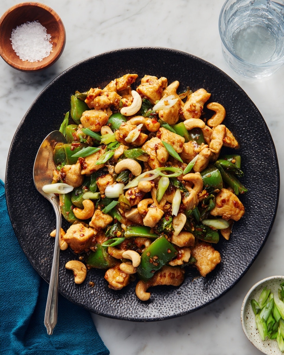 The dish shows a close-up of a stir-fry with three main layers: the first layer has small, light brown chicken pieces coated with a shiny sauce, scattered across the plate. The second layer includes medium-sized, bright green bell pepper chunks mixed evenly throughout. The third layer has light golden cashew nuts and thin slices of white onions, all resting on a white plate with subtle texture. A silver spoon is placed on the right side of the plate, spooning part of the stir-fry. The background is a white marbled surface with blurred small dishes holding green onion slices and seasoning. Photo taken with an iphone --ar 4:5 --v 7