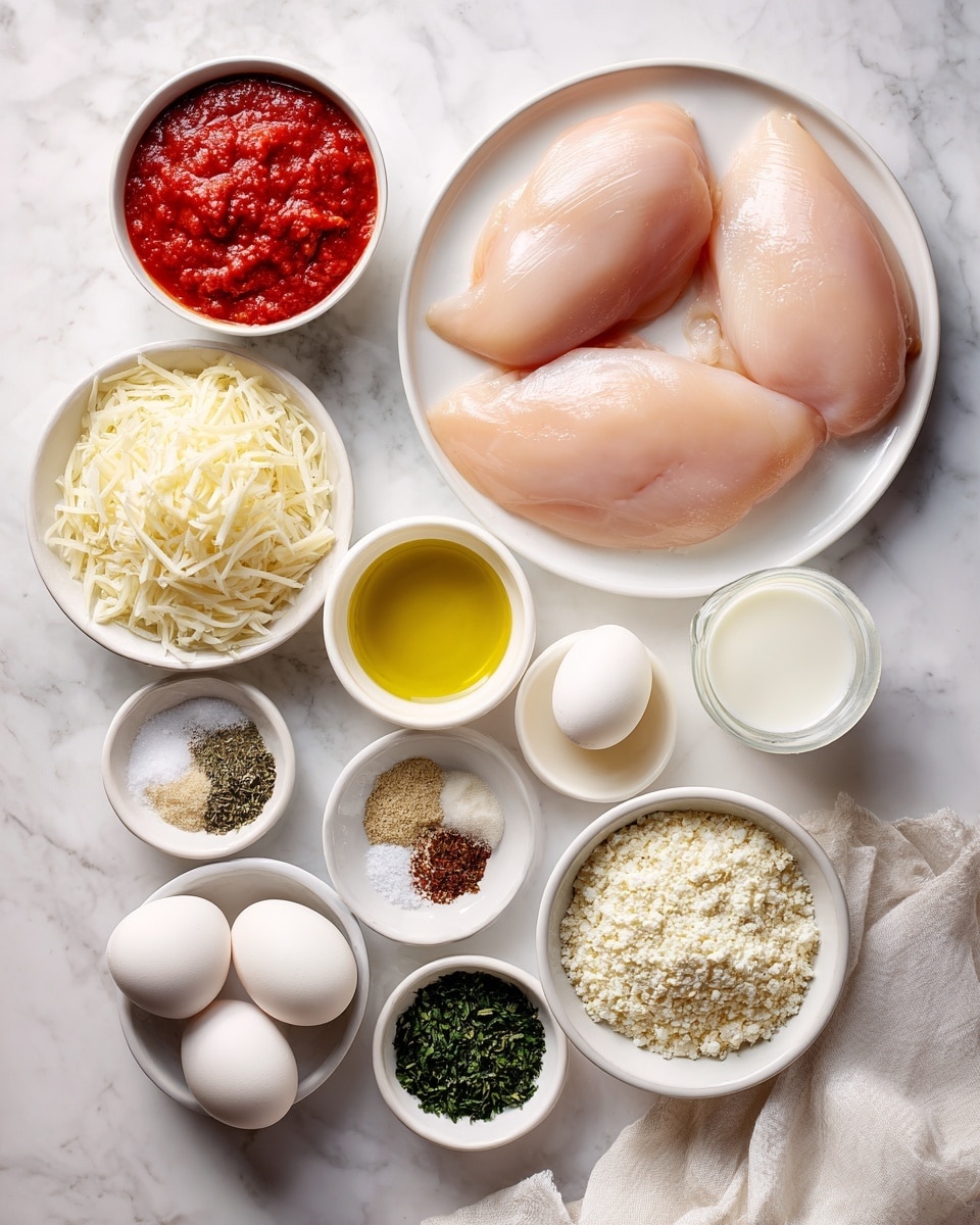 The image shows an overhead view of raw cooking ingredients arranged neatly on a white marbled surface. There are three large pale pink chicken breasts placed on a white plate to the top right. To the left, there is a small white bowl filled with bright red tomato sauce. Below that, a small white bowl holds shredded white mozzarella cheese. Near the center, a small white bowl contains finely grated pale yellow Parmesan cheese beside two white eggs. A small clear glass holds white milk. Another small white bowl contains a mix of salt, black pepper, and white pepper. A white bowl near the bottom right is filled with coarse light beige breadcrumbs. Olive oil occupies a small white bowl at the bottom center. Three small white bowls hold dried green parsley, light brown garlic powder, and mixed Italian herbs. A white cloth is visible at the bottom edge. The text labels identify each ingredient clearly. Photo taken with an iphone --ar 4:5 --v 7
