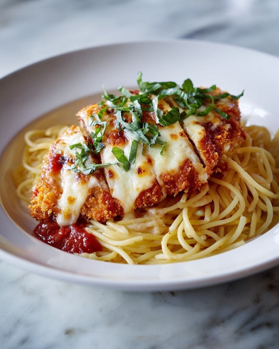 A white plate with a base layer of cooked yellow spaghetti noodles filling most of the plate. On top of the spaghetti, there is one breaded and fried cutlet with a crumbly golden brown texture. Over the cutlet, there is a layer of bright red tomato sauce, partially visible beneath a thick layer of melted white cheese that looks creamy and slightly browned in some spots. The dish is finished with small pieces of fresh green basil sprinkled on top. A fork is placed partially under the spaghetti on the left side. The background has a white marbled texture. photo taken with an iphone --ar 4:5 --v 7
