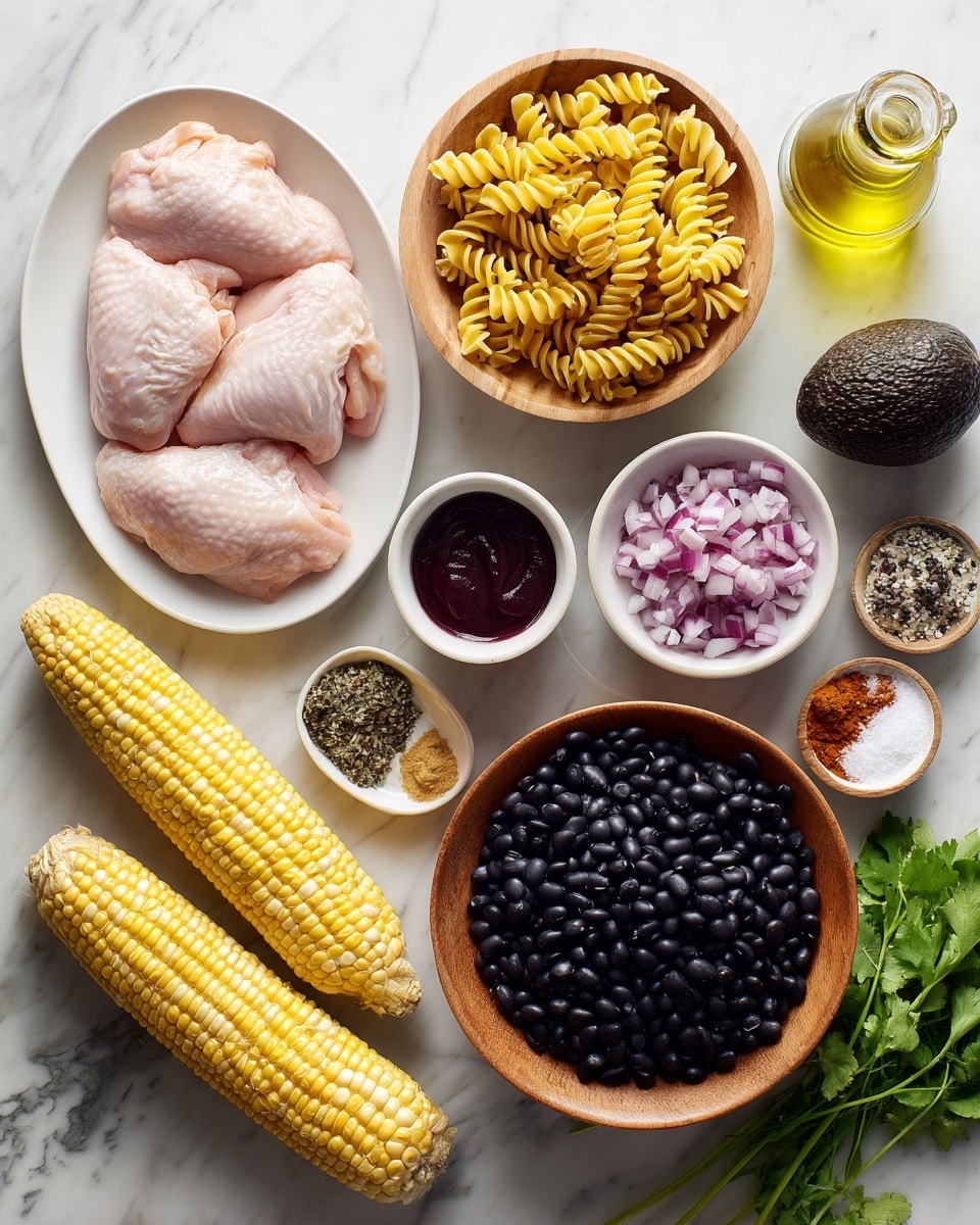 This image shows a collection of raw ingredients on a white marbled surface. There is a white oval plate with two pieces of raw chicken placed on the left side. Above it, a wooden bowl holds uncooked spiral pasta that is yellow in color. To the right of the chicken, there is a small white round dish filled with a dark red sauce. Next to it is a small wooden bowl with finely chopped purple onions. There is also a larger wooden bowl filled with black beans positioned towards the right. Above the beans, a small white square dish holds a reddish-brown spice, next to a small white round dish with salt. Two ears of corn with green husks are placed at the bottom left. Other items include a small white bowl with black and white speckled spices, a whole dark avocado near the top right, a glass bottle filled with yellow oil, and a glass citrus juicer. Some fresh green leafy herbs are partially visible at the bottom right. photo taken with an iphone --ar 4:5 --v 7
