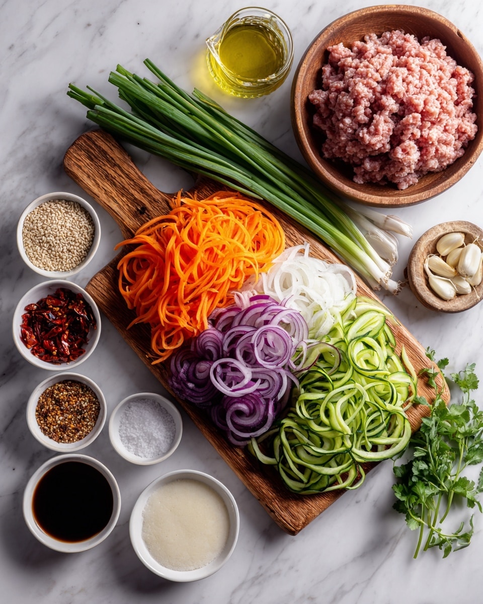 The image shows a wooden board on a white marbled surface with layers of thin orange carrot ribbons on top, followed by layers of thinly sliced purple shallots arranged in curls, and bright green cucumber slices at the bottom right. To the right of the board, there are fresh green spring onions standing upright. A large wooden bowl filled with pale, raw ground meat sits in the top right corner. Surrounding the board and bowl are several small white bowls containing different ingredients: finely chopped garlic, red chili flakes, a light brown paste, sesame seeds, salt, a dark soy sauce-like liquid, and a thick creamy white sauce in a small wooden bowl. There are also fresh green herbs at the edges and a small glass container of golden oil. photo taken with an iphone --ar 4:5 --v 7