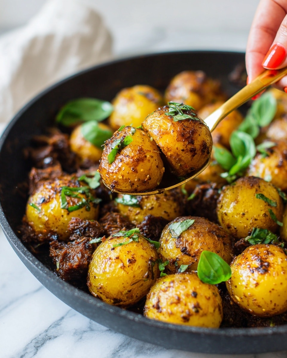 The image shows a close-up of a black pan filled with several round, golden-brown baby potatoes and chunks of dark brown, spiced meat. A woman's hand with coral-colored nails is holding a gold spoon that lifts a group of two potatoes sitting on top of the meat. The potatoes have a crispy, slightly charred outer layer with visible seasoning and herbs sprinkled on top. Bright green basil leaves rest on the potatoes and meat, adding a fresh contrast to the warm tones. The background is a soft white marbled texture. Photo taken with an iphone --ar 4:5 --v 7