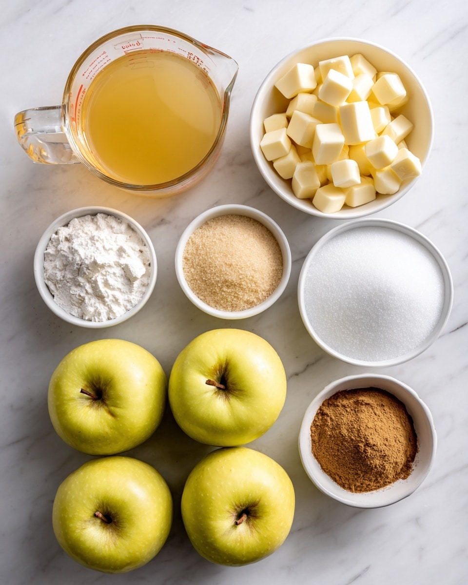 The image shows six golden yellow apples arranged in two rows at the bottom on a white marbled surface. Above the apples, there is a clear glass measuring cup filled with light golden apple juice on the left side. Next to it on the right is a small white bowl with cubes of pale yellow salted butter. To the right of the butter bowl is a medium white bowl with granulated white sugar. Beside that bowl is a small white bowl containing light brown sugar that looks soft. On the top left, there is a small white bowl with white cornstarch, and on the top right, a small white bowl holds brown cinnamon powder. All the ingredients are spaced out neatly in a flat lay style. photo taken with an iphone --ar 4:5 --v 7